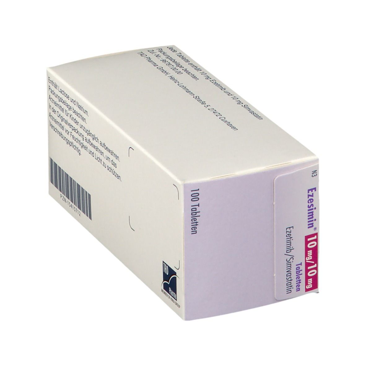 Ezesimin-Schachtel, schräg. Aufschrift: 10 mg/10 mg, 100 Tabletten. Farbgebung: Weiß, Lila, Pink. Herstellerinformationen.