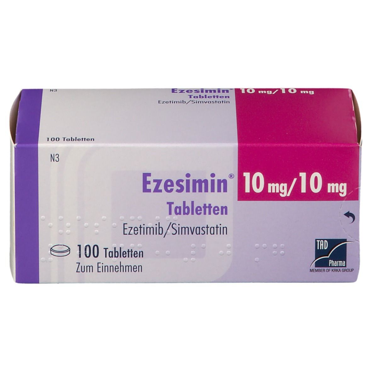 Ezesimin-Schachtel. Aufschrift: 10 mg/10 mg, 100 Tabletten, Ezetimib/Simvastatin. Farbgebung: Weiß, Lila, Pink.