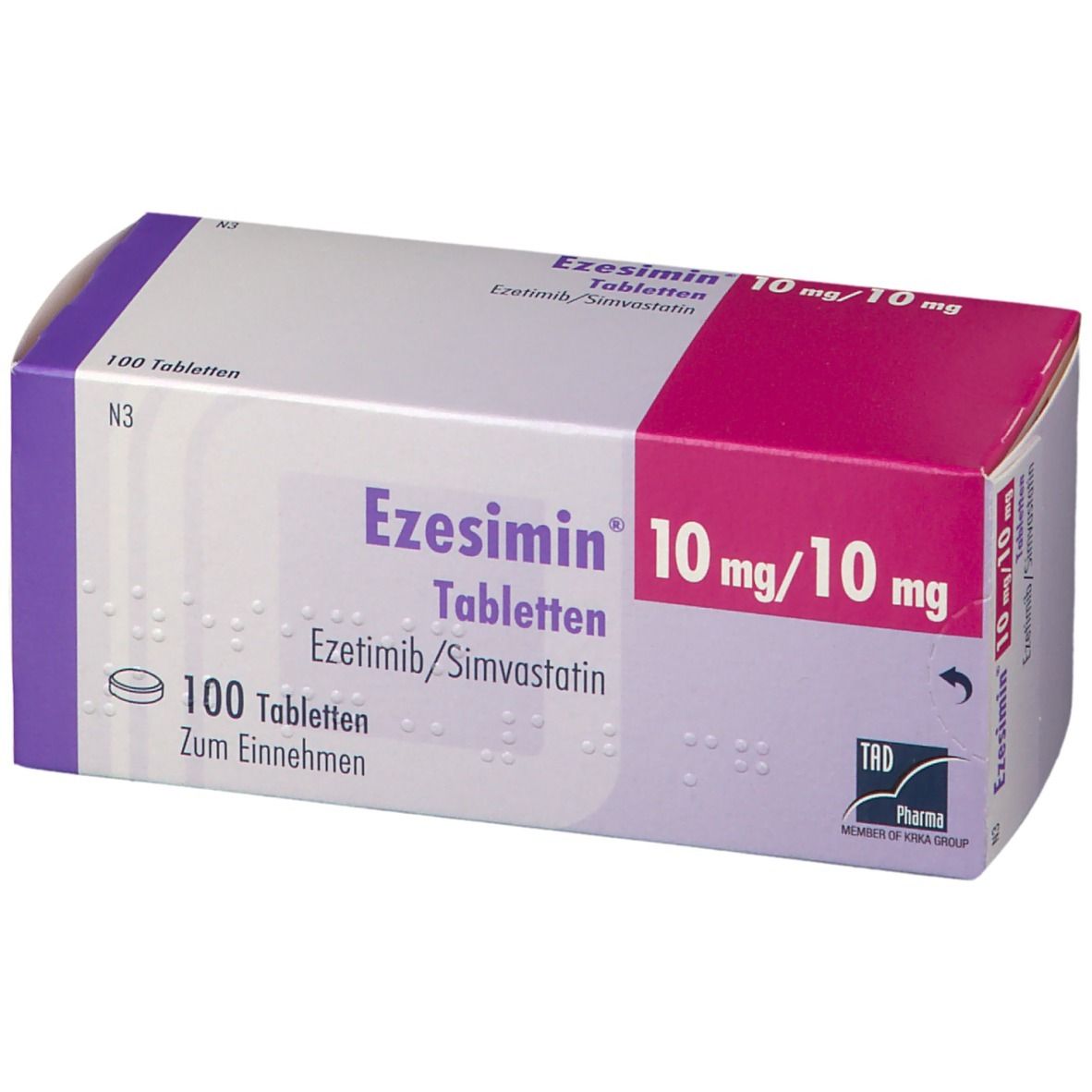 Ezesimin-Schachtel. Aufschrift: 10 mg/10 mg, 100 Tabletten, Ezetimib/Simvastatin. Farbgebung: Weiß, Lila, Pink.