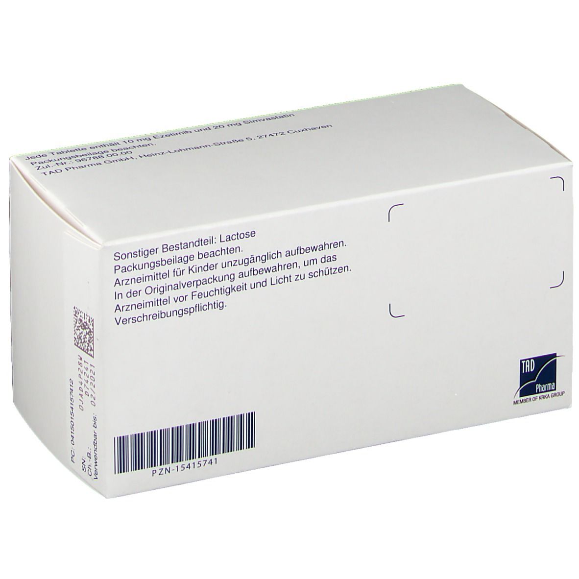 Rückseite der Ezesimin-Verpackung. Enthält Textinformationen, Barcode und Logo. Weißer Hintergrund.