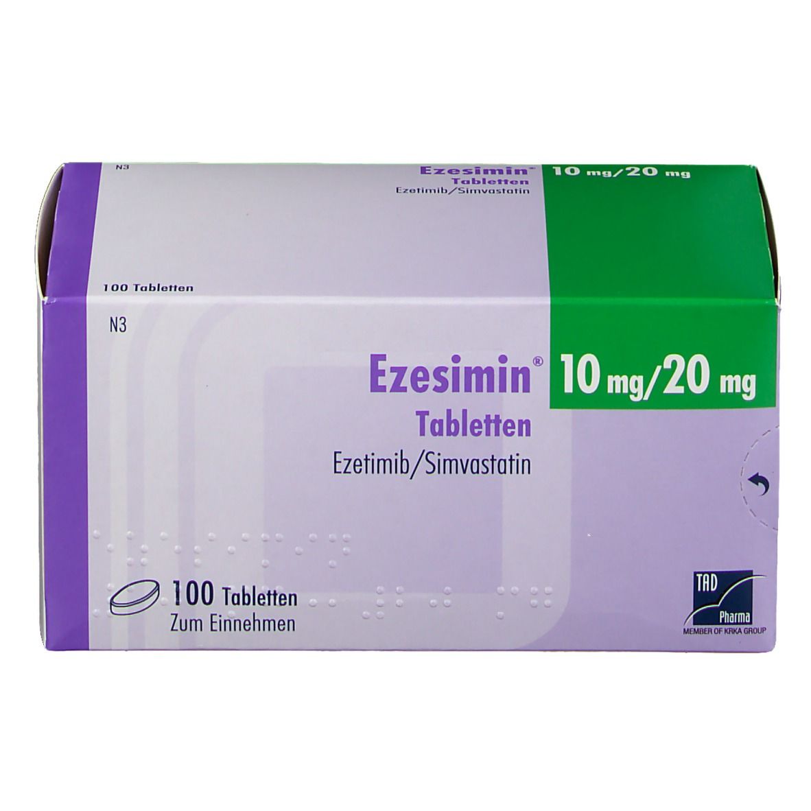Ezesimin 10 mg/20 mg Tabletten-Schachtel. Grün-weiße Verpackung mit Produktnamen und Dosierung. 100 Tabletten.