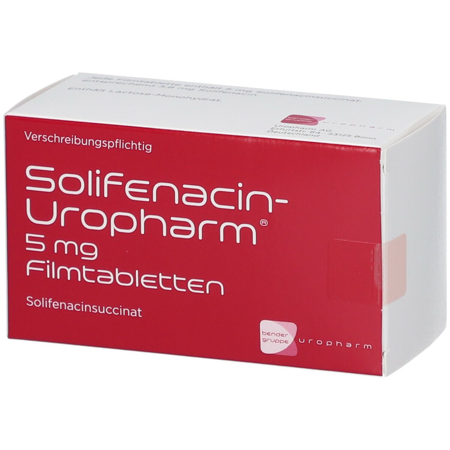 Verpackung von Solifenacin-Uropharm 5 mg Filmtabletten. Rote und weiße Schachtel mit Produktinformationen.