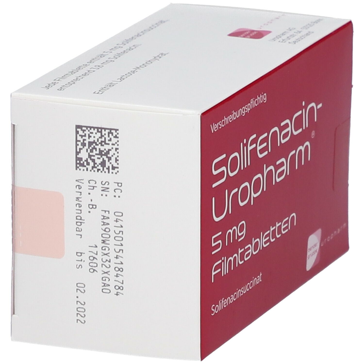 Schachtel von Solifenacin-Uropharm 5 mg Filmtabletten. Ansicht von oben und Seite. Rote und weiße Farben.