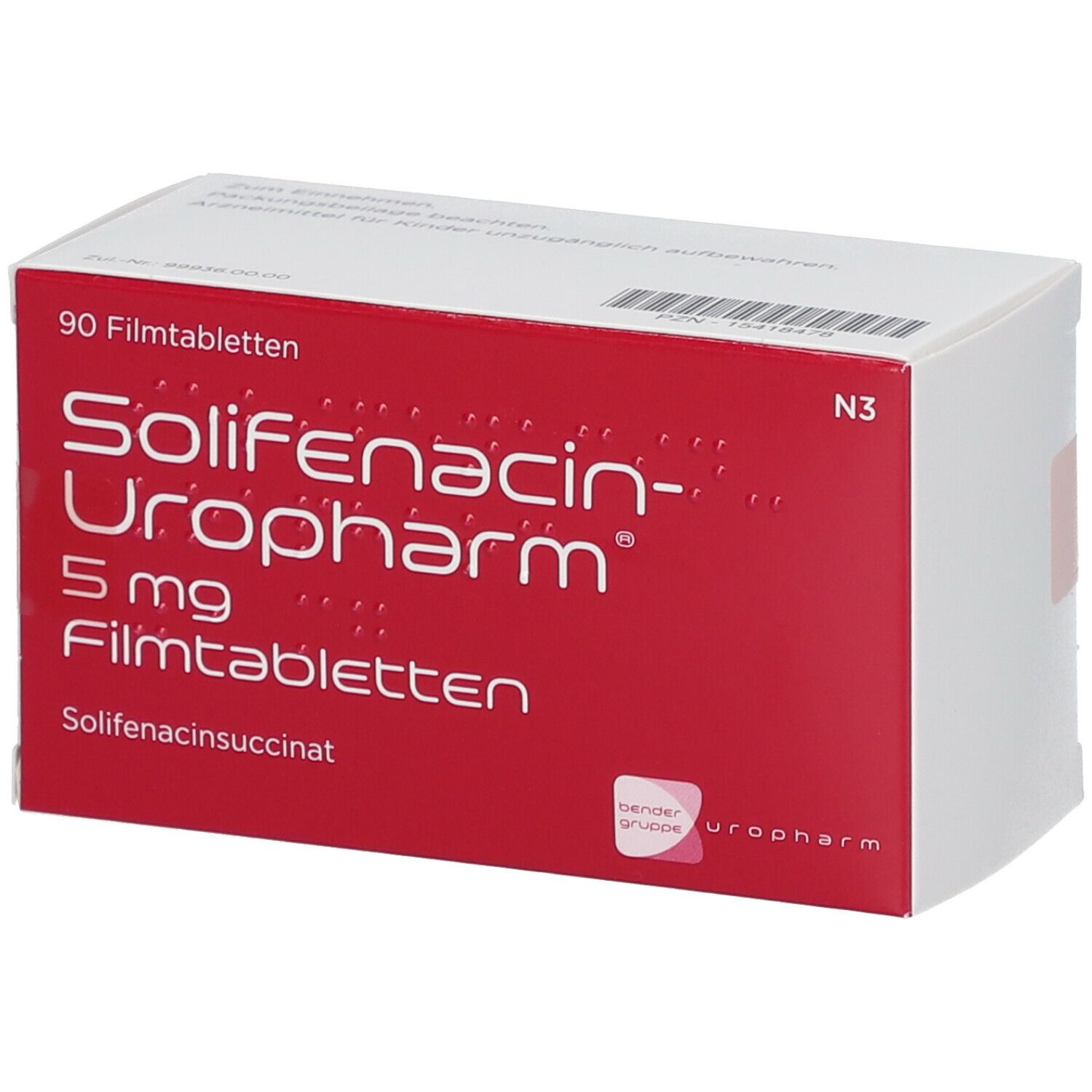 Schachtel von Solifenacin-Uropharm 5 mg Filmtabletten. Rote und weiße Schachtel mit Produktinformationen. 90 Tabletten.