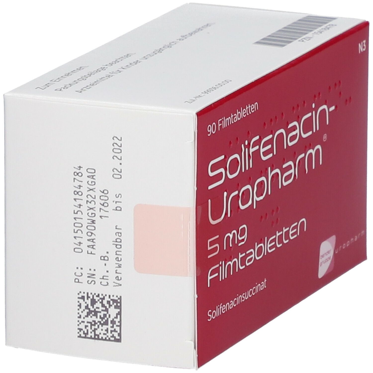 Schachtel von Solifenacin-Uropharm 5 mg Filmtabletten. Ansicht von oben und Seite. 90 Tabletten. Rote und weiße Farben.
