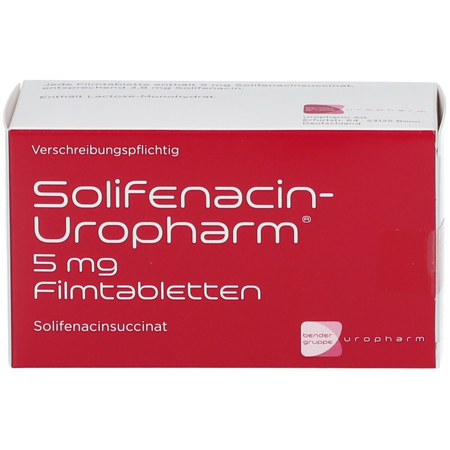 Verpackung von Solifenacin-Uropharm 5 mg Filmtabletten. Rote und weiße Schachtel mit Produktinformationen.
