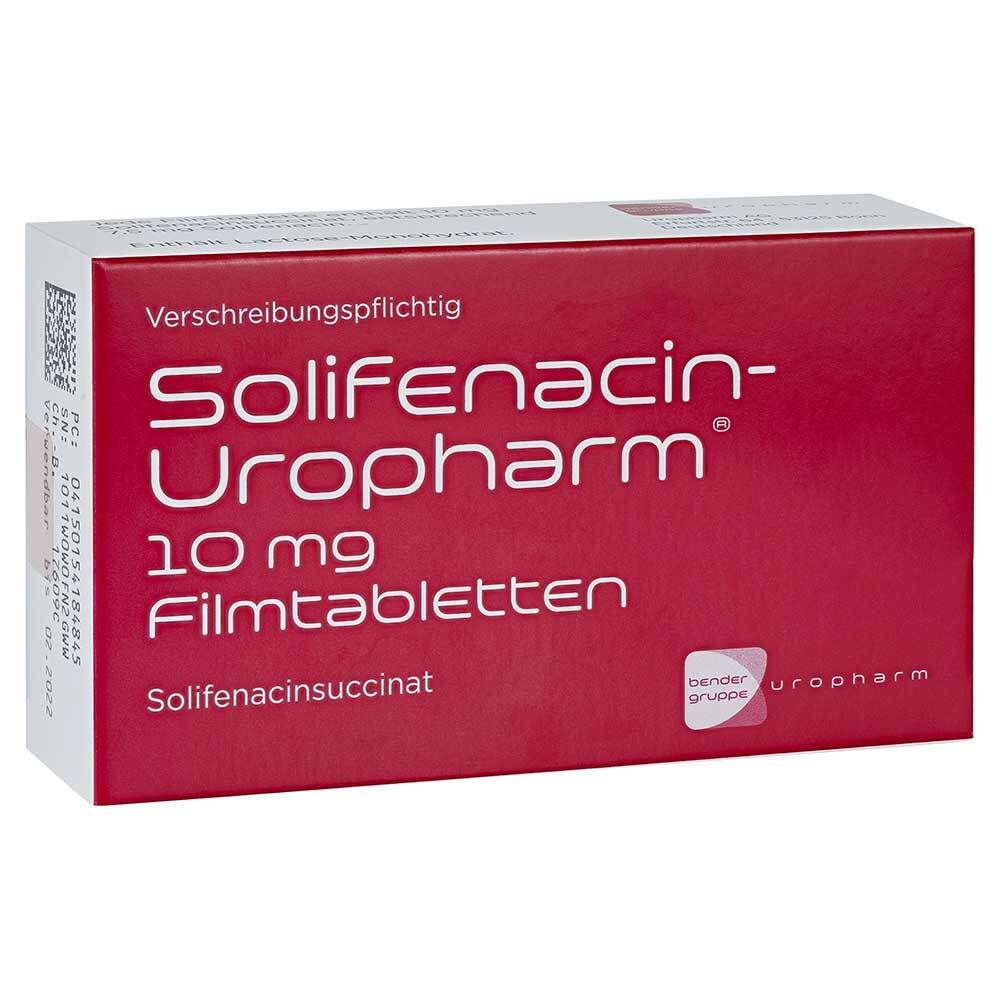 Rote Schachtel mit weißer Schrift. Beschriftung: Solifenacin-Uropharm 10 mg Filmtabletten. Hersteller: bender gruppe uropharm.