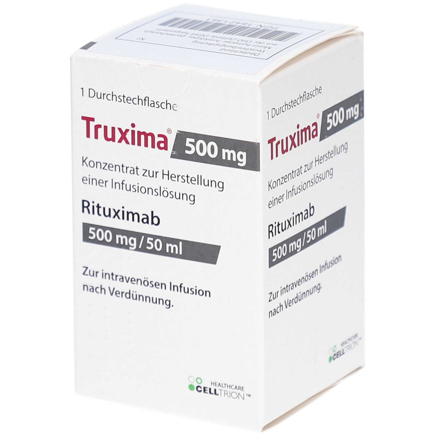 Weiße Schachtel mit Truxima 500 mg. Text: Konzentrat zur Herstellung einer Infusionslösung, Rituximab 500 mg/50 ml. Für intravenöse Infusion.