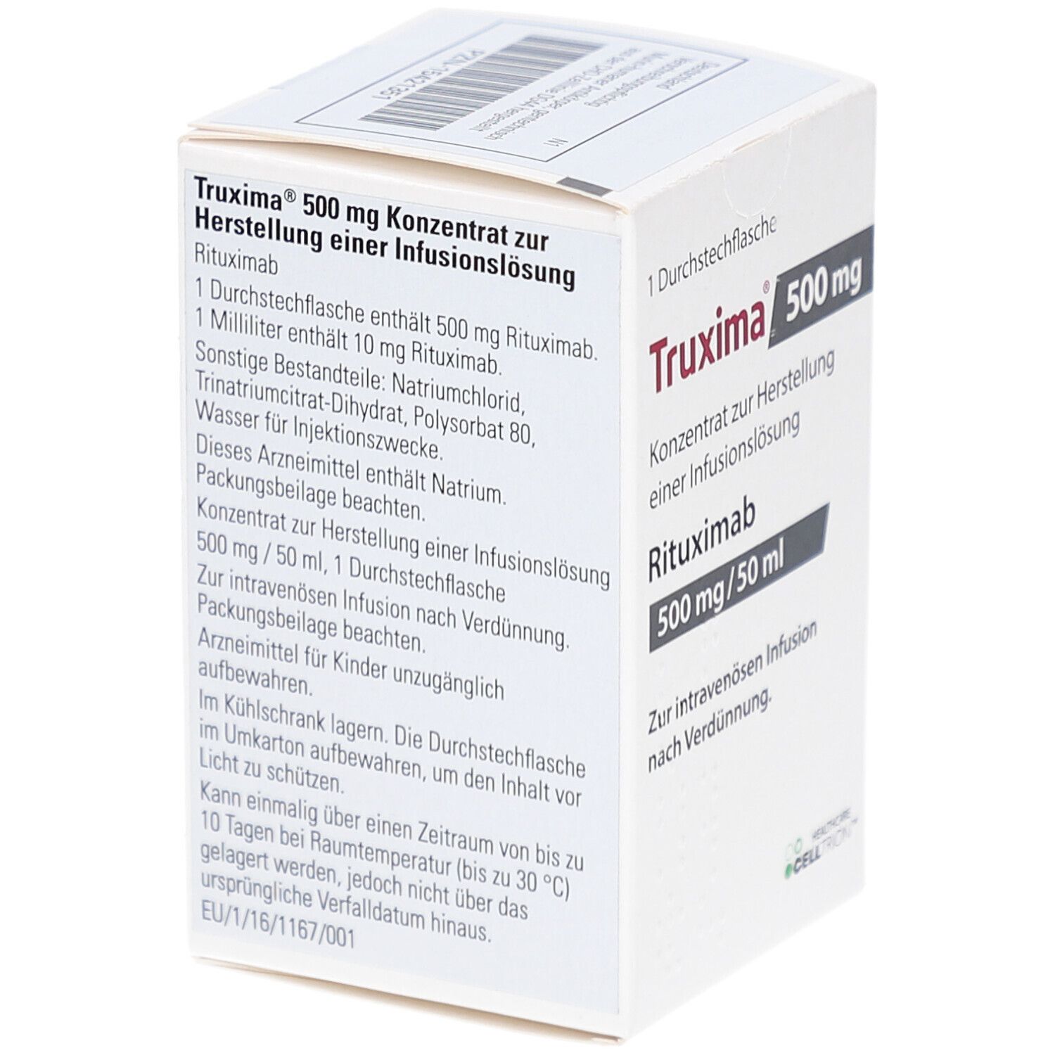 Weiße Schachtel mit Truxima 500 mg. Text: Konzentrat zur Herstellung einer Infusionslösung, Rituximab. Zusätzliche Informationen und Inhaltsstoffe.