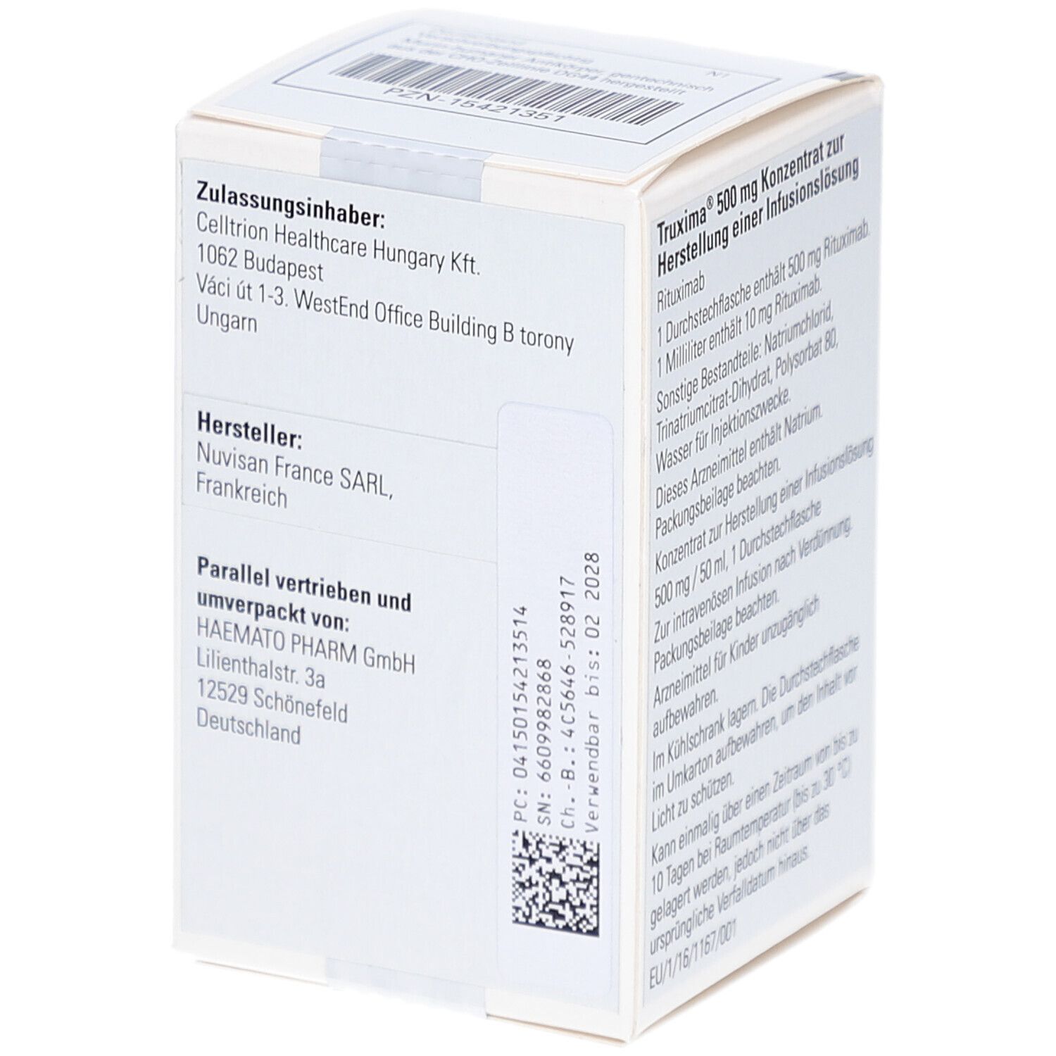 Weiße Schachtel mit Truxima 500 mg. Text: Zulassungsinhaber, Hersteller, parallel vertrieben von. Barcode und Chargennummer.