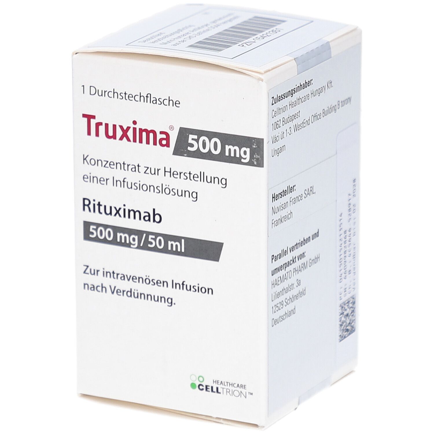 Weiße Schachtel mit Truxima 500 mg. Text: Konzentrat zur Herstellung einer Infusionslösung, Rituximab 500 mg/50 ml. Für intravenöse Infusion.