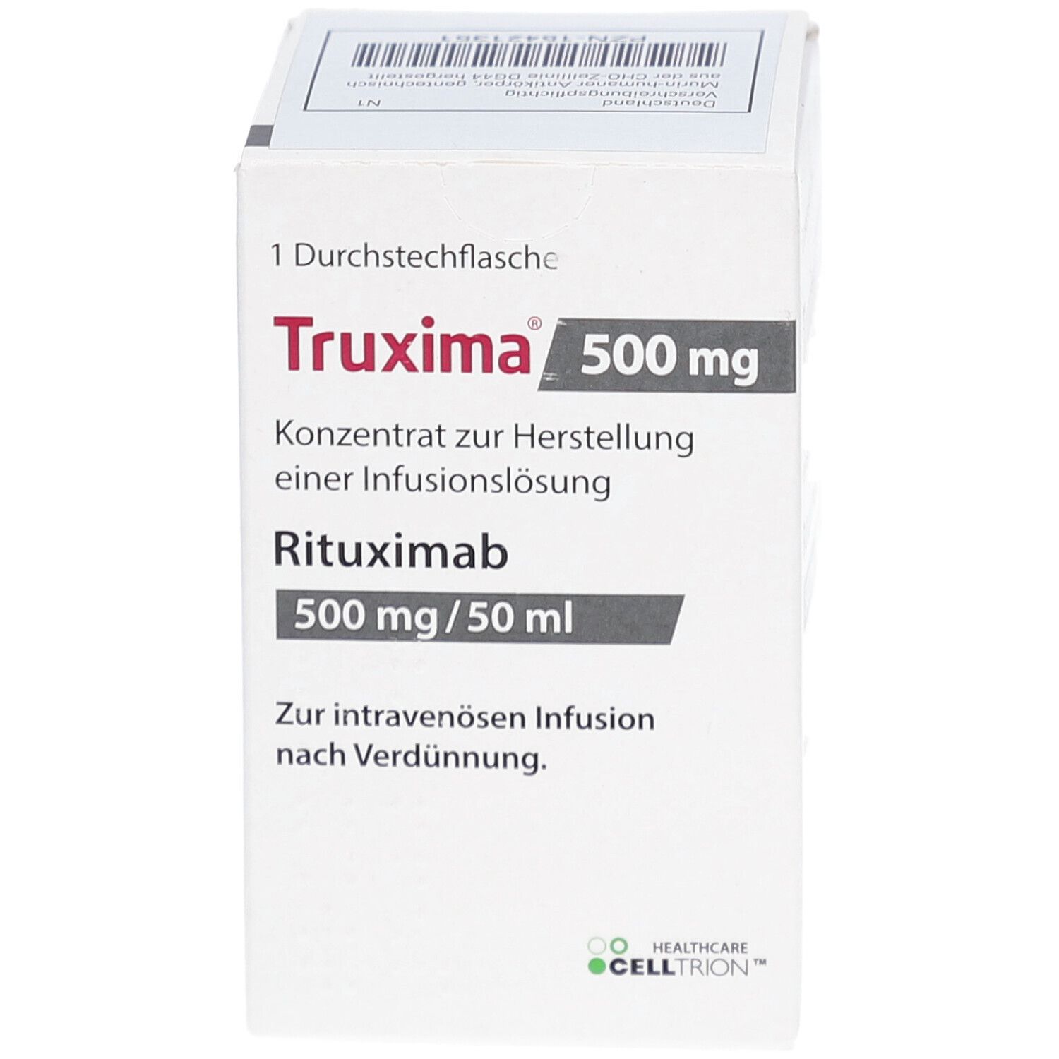 Weiße Schachtel mit Truxima 500 mg. Text: Konzentrat zur Herstellung einer Infusionslösung, Rituximab 500 mg/50 ml. Für intravenöse Infusion.