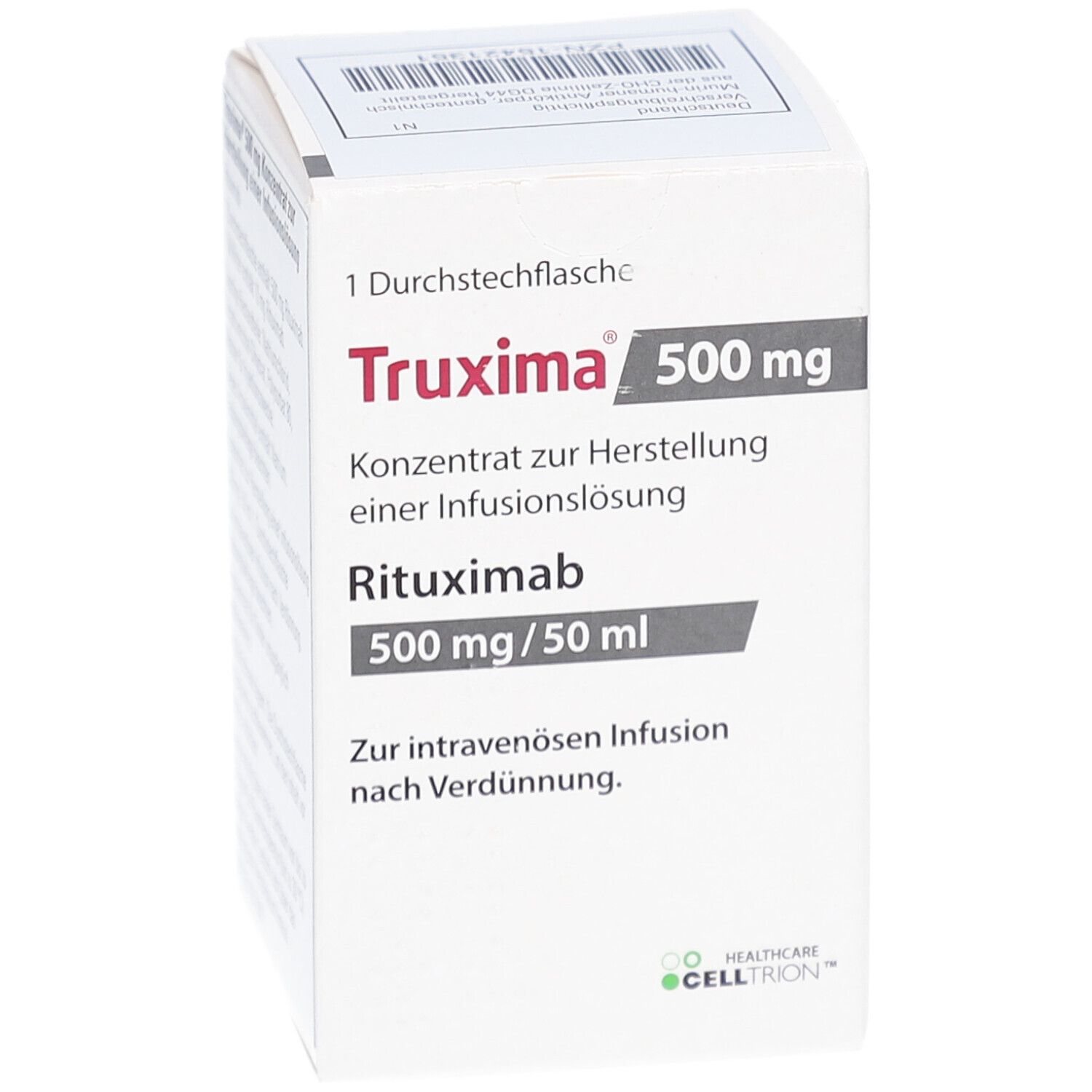 Weiße Schachtel mit Truxima 500 mg. Text: Konzentrat zur Herstellung einer Infusionslösung, Rituximab 500 mg/50 ml. Für intravenöse Infusion.