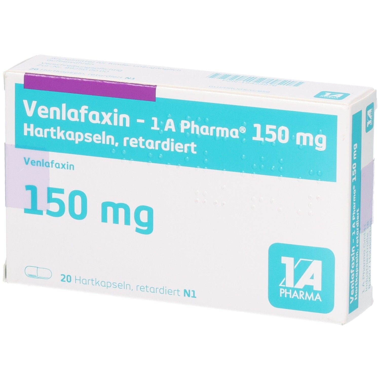 Packung Venlafaxin - 1 A Pharma® 150 mg Hartkapseln, retardiert. Enthält 20 Hartkapseln.