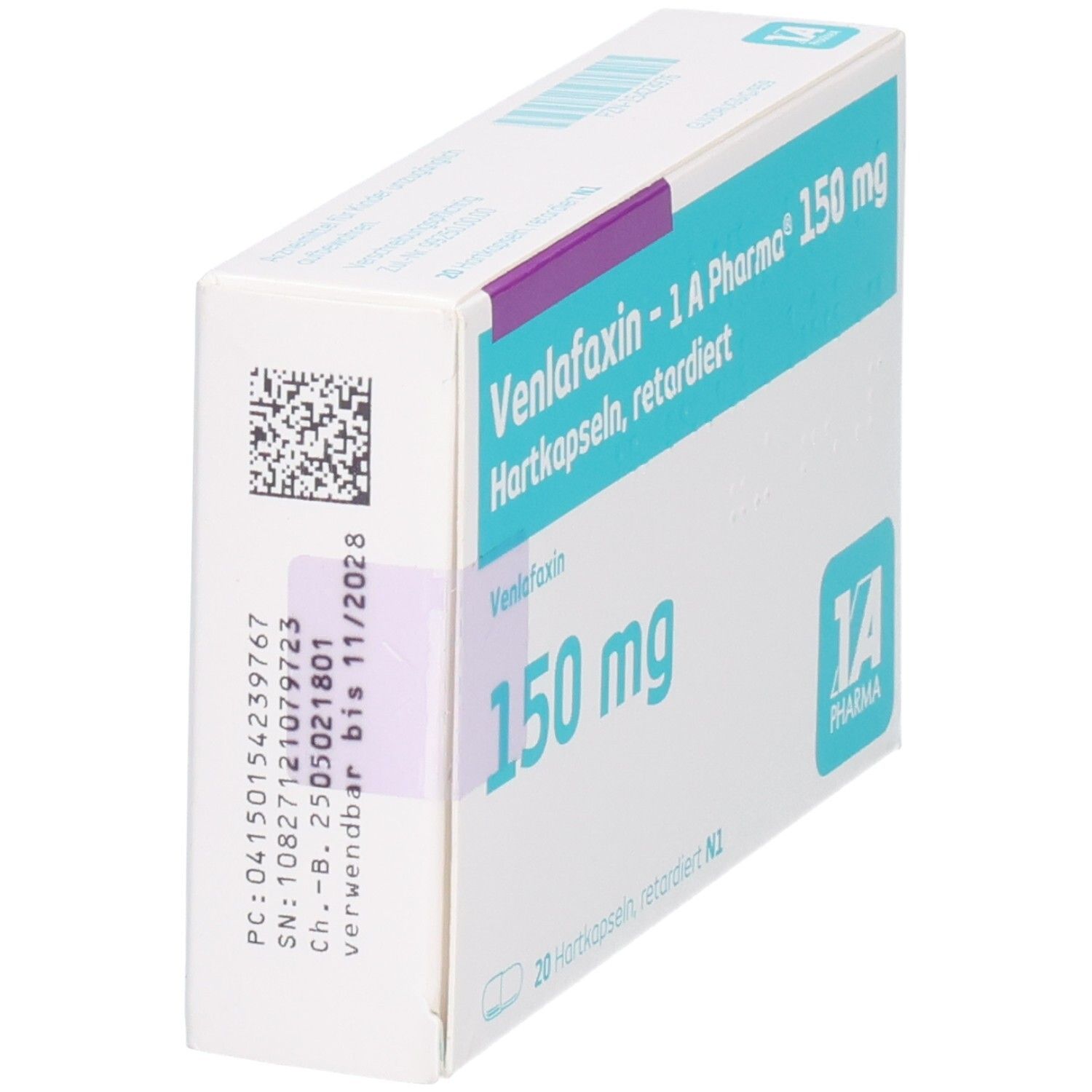 Seitenansicht der Venlafaxin - 1 A Pharma® 150 mg Packung mit Chargen- und Verfallsdatum.
