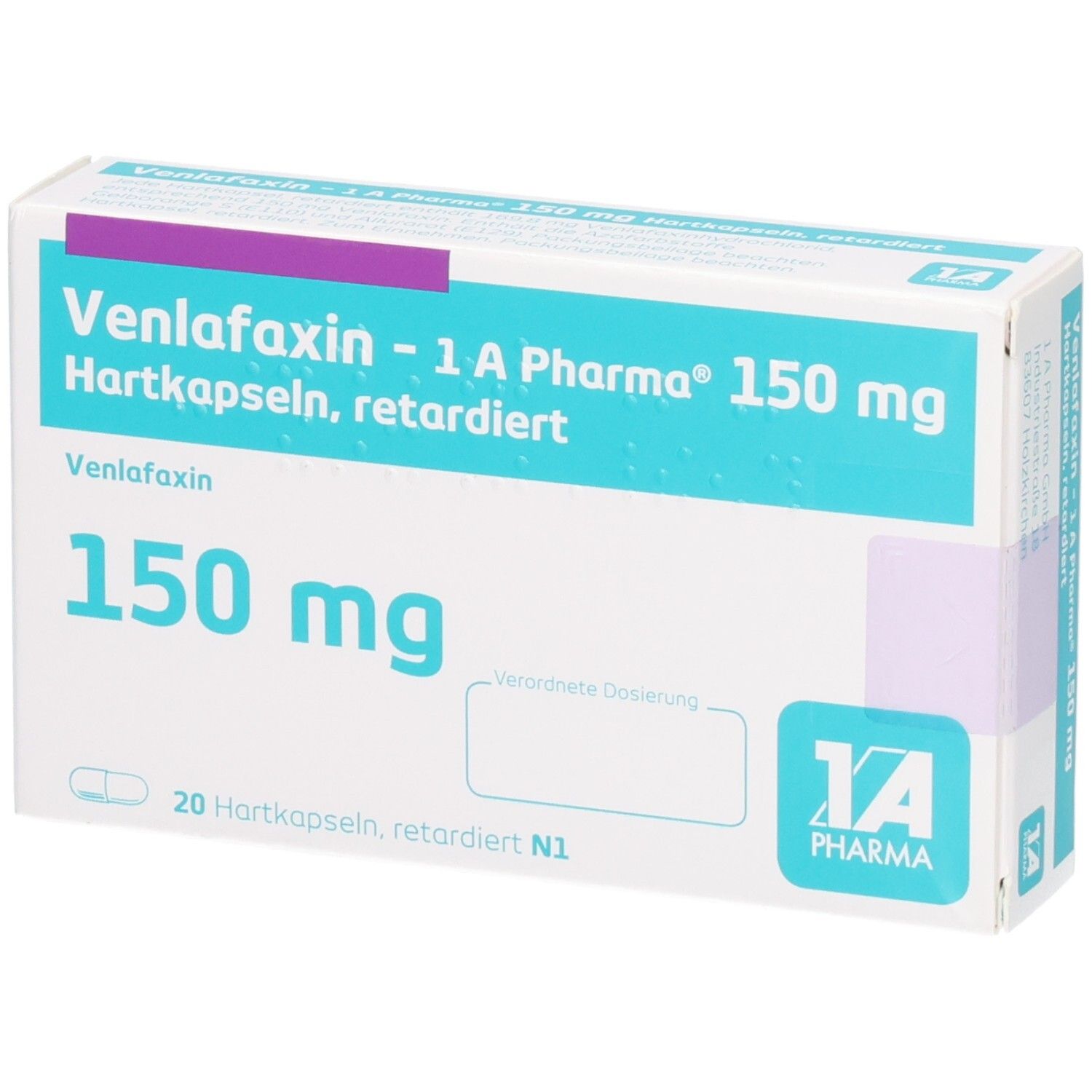 Vorderseite der Venlafaxin - 1 A Pharma® 150 mg Packung, zeigt 20 Hartkapseln.