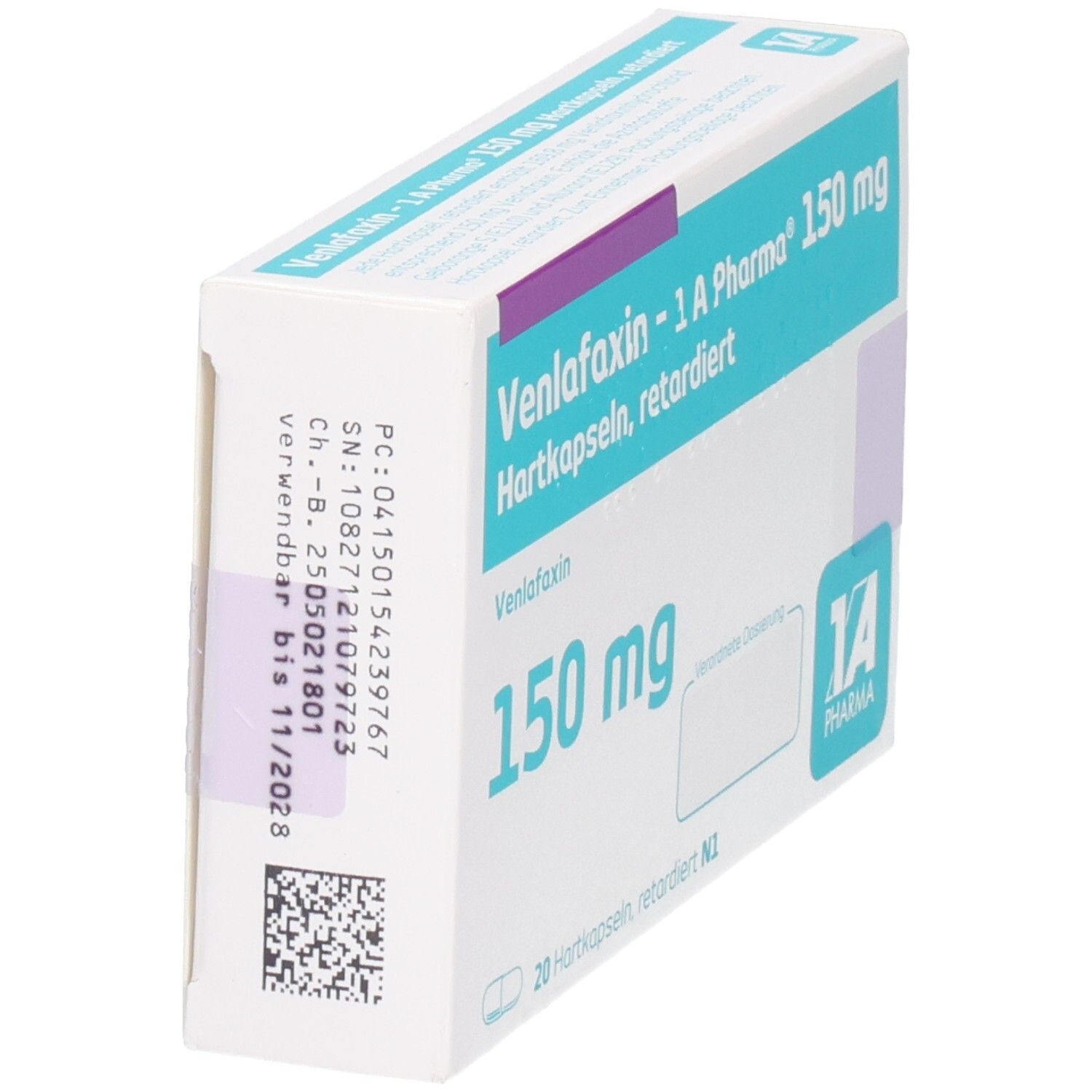 Schrägansicht der Venlafaxin - 1 A Pharma® 150 mg Packung mit Chargen- und Verfallsdatum.