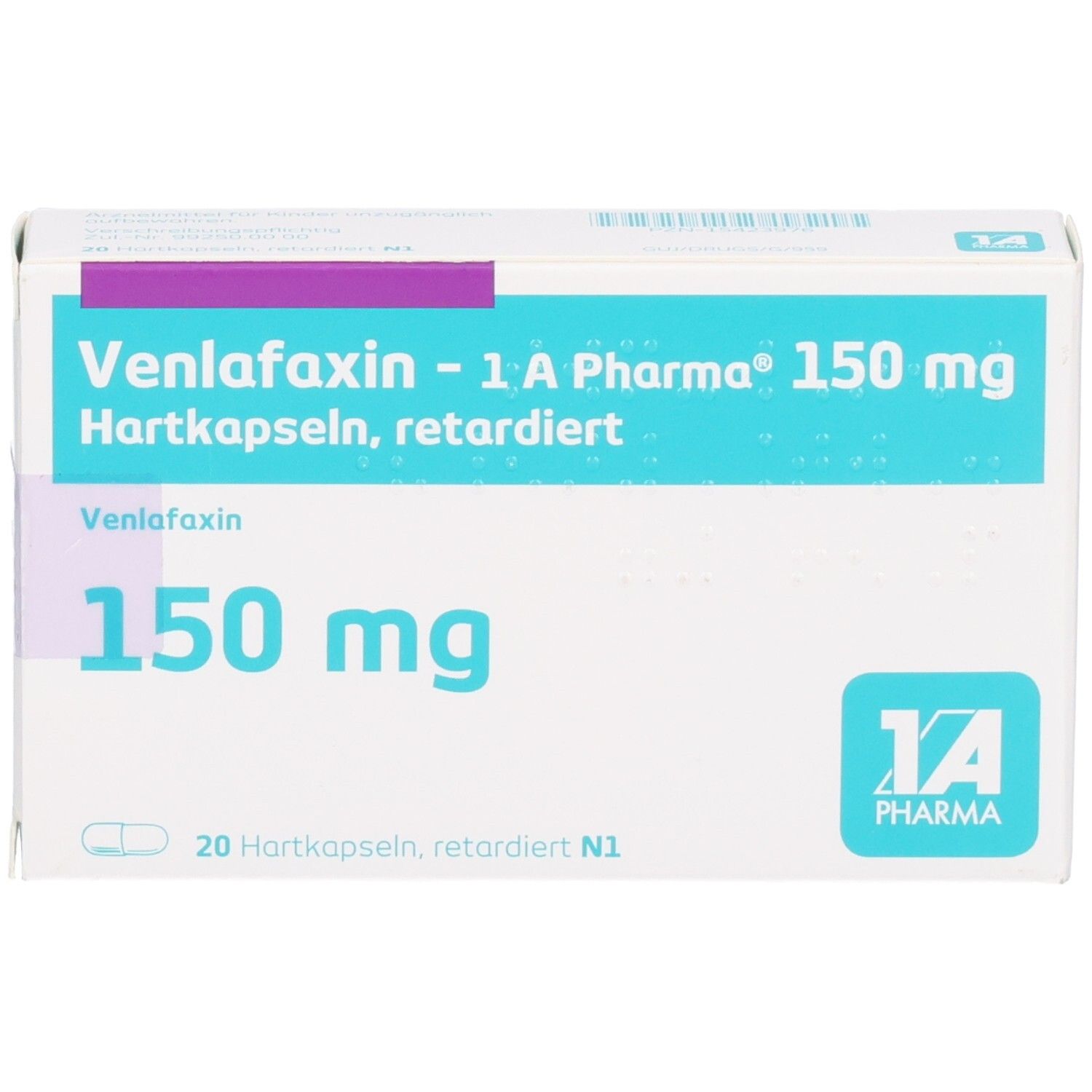 Vorderansicht der Venlafaxin - 1 A Pharma® 150 mg Packung, 20 Hartkapseln.
