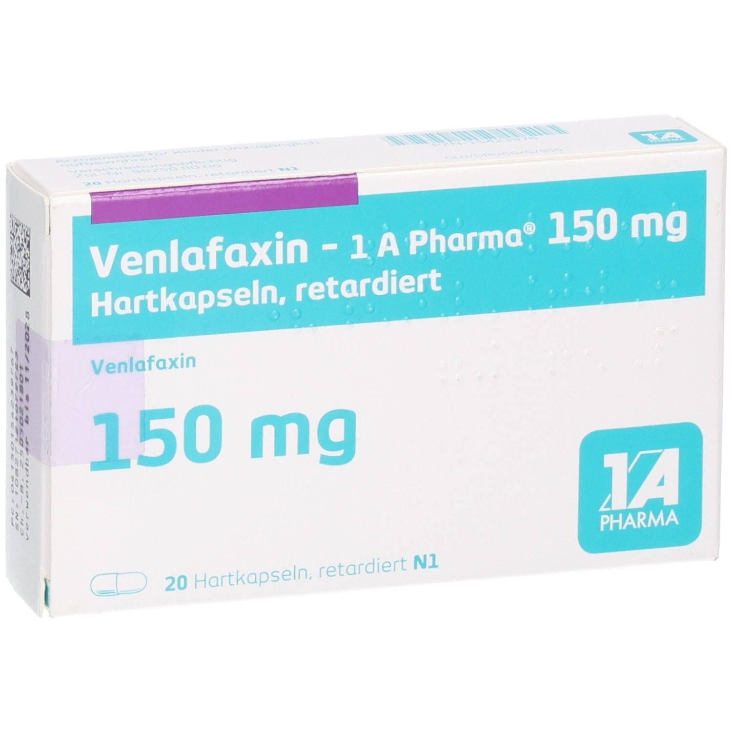 Packung Venlafaxin - 1 A Pharma® 150 mg, 20 Hartkapseln, retardiert.