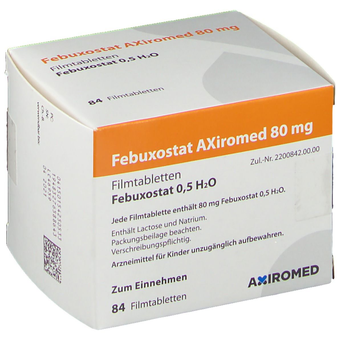 Karton von Febuxostat Axiromed 80 mg. Orangefarbener Streifen mit Produktnamen. Enthält 84 Filmtabletten. AXIMED-Logo.