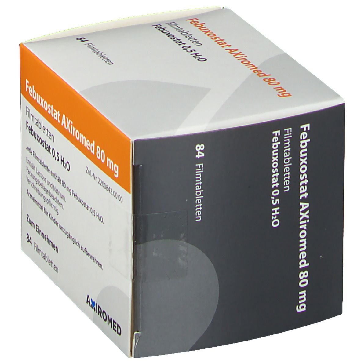 Karton von Febuxostat Axiromed 80 mg. Seitenansicht mit Produktnamen und Logo. Enthält 84 Filmtabletten. AXIMED-Logo.