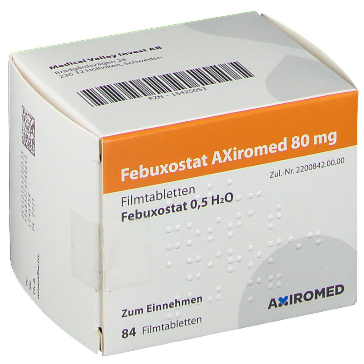Karton von Febuxostat Axiromed 80 mg. Orangefarbener Streifen mit Produktnamen. Enthält 84 Filmtabletten. AXIMED-Logo.