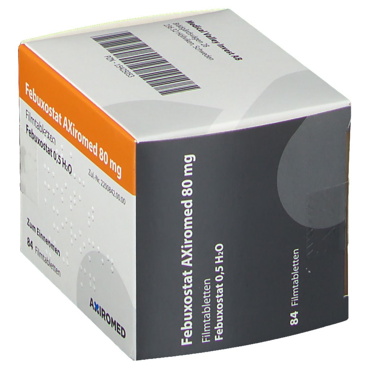 Karton von Febuxostat Axiromed 80 mg. Seitenansicht mit Produktnamen und Logo. Enthält 84 Filmtabletten. AXIMED-Logo.