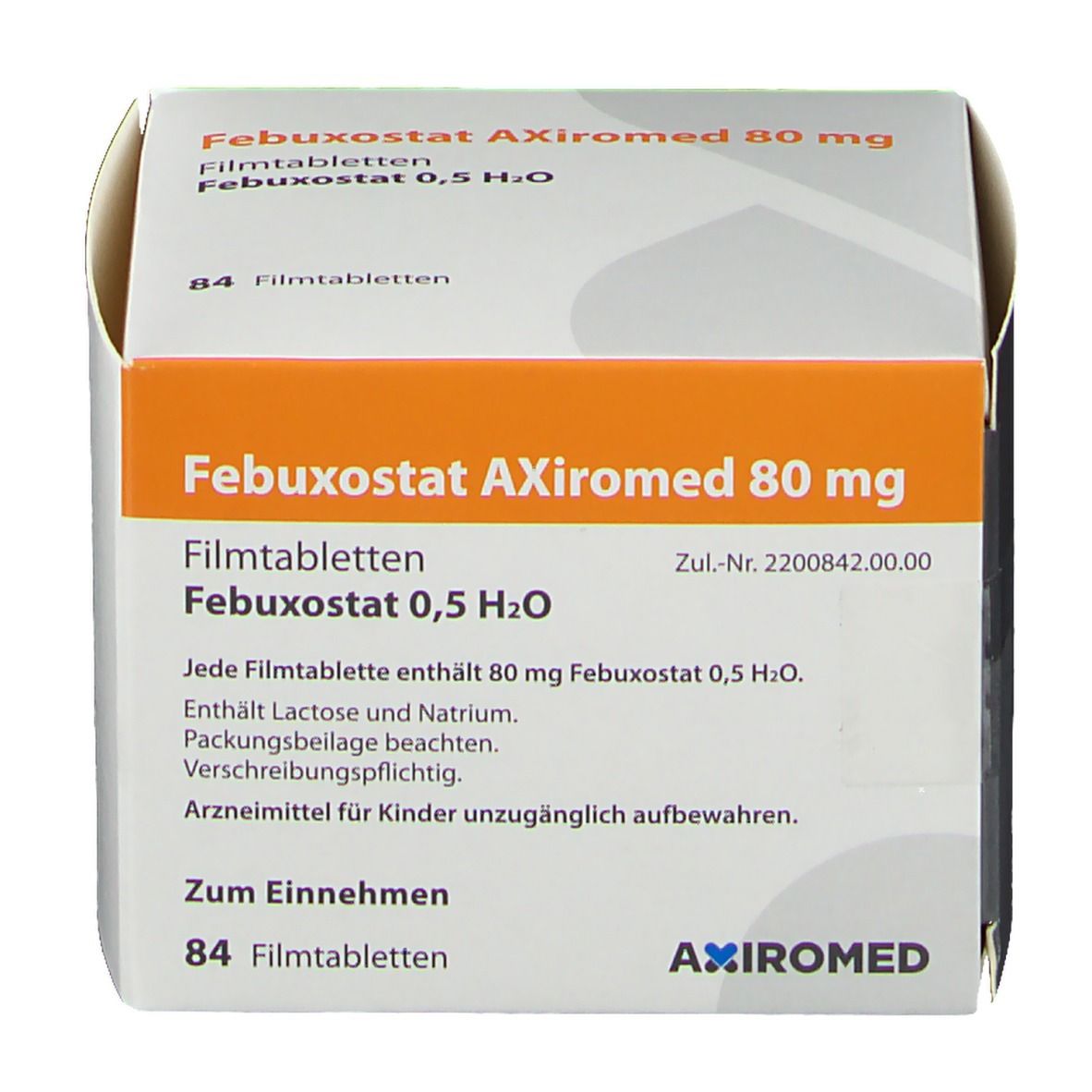 Karton von Febuxostat Axiromed 80 mg. Orangefarbener Streifen mit Produktnamen. Enthält 84 Filmtabletten. AXIMED-Logo.