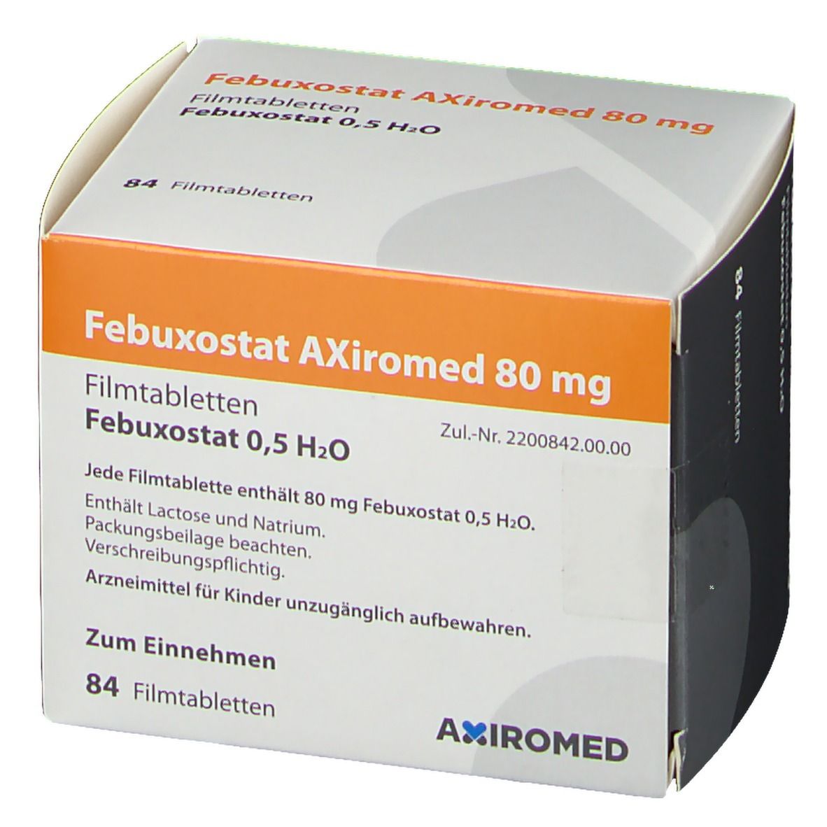 Karton von Febuxostat Axiromed 80 mg. Seitenansicht mit Produktnamen und Logo. Enthält 84 Filmtabletten. AXIMED-Logo.