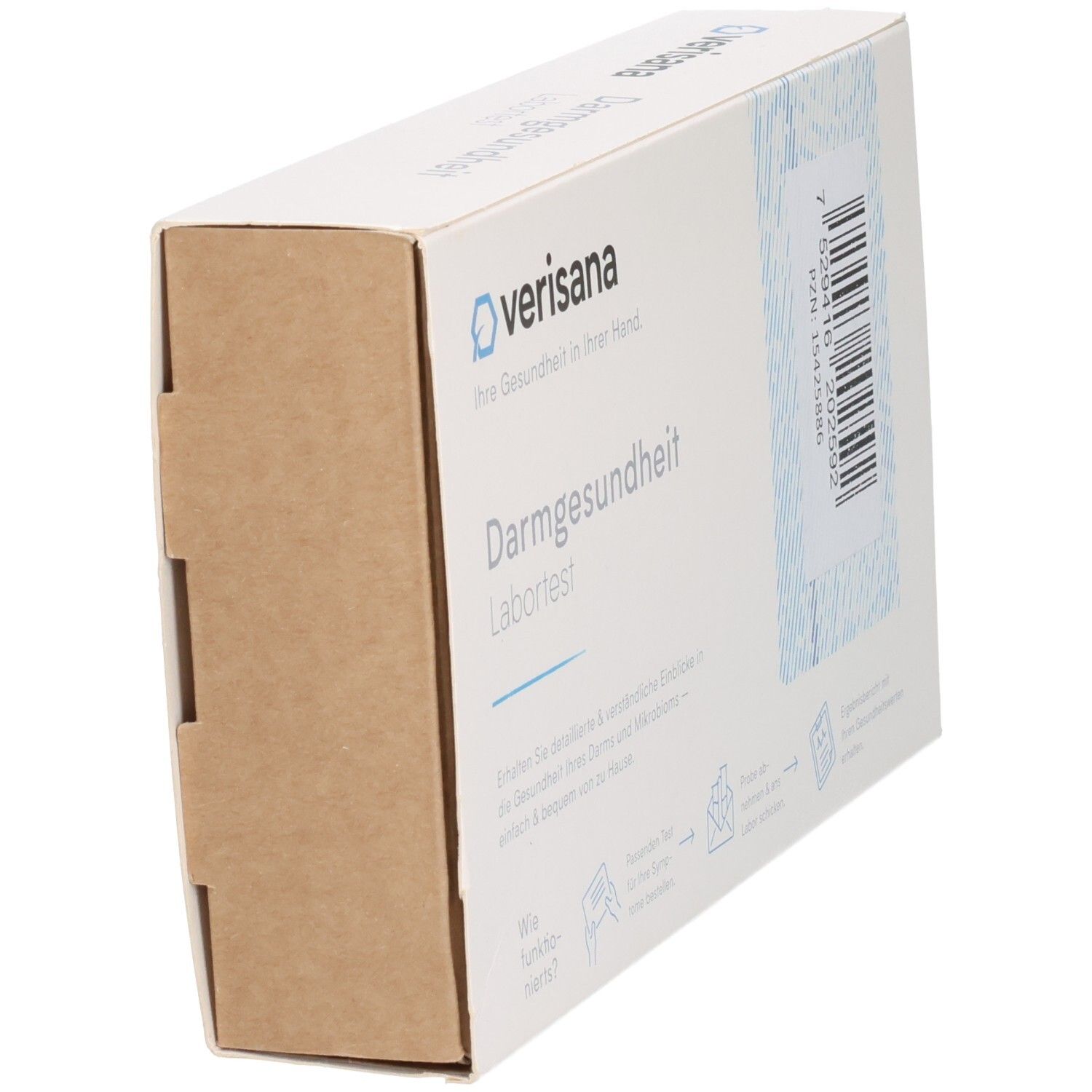 Verisana Darmgesundheit Labortest Kartonverpackung, Seitenansicht mit braunen Rändern.