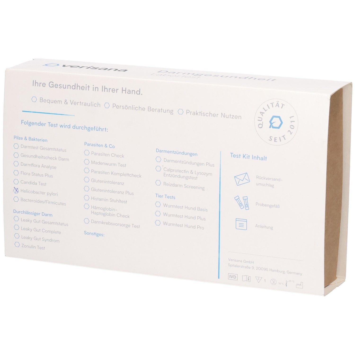 Rückseite der Verisana Darmgesundheit Labortest Verpackung mit Testübersicht und Qualitätszertifikat.