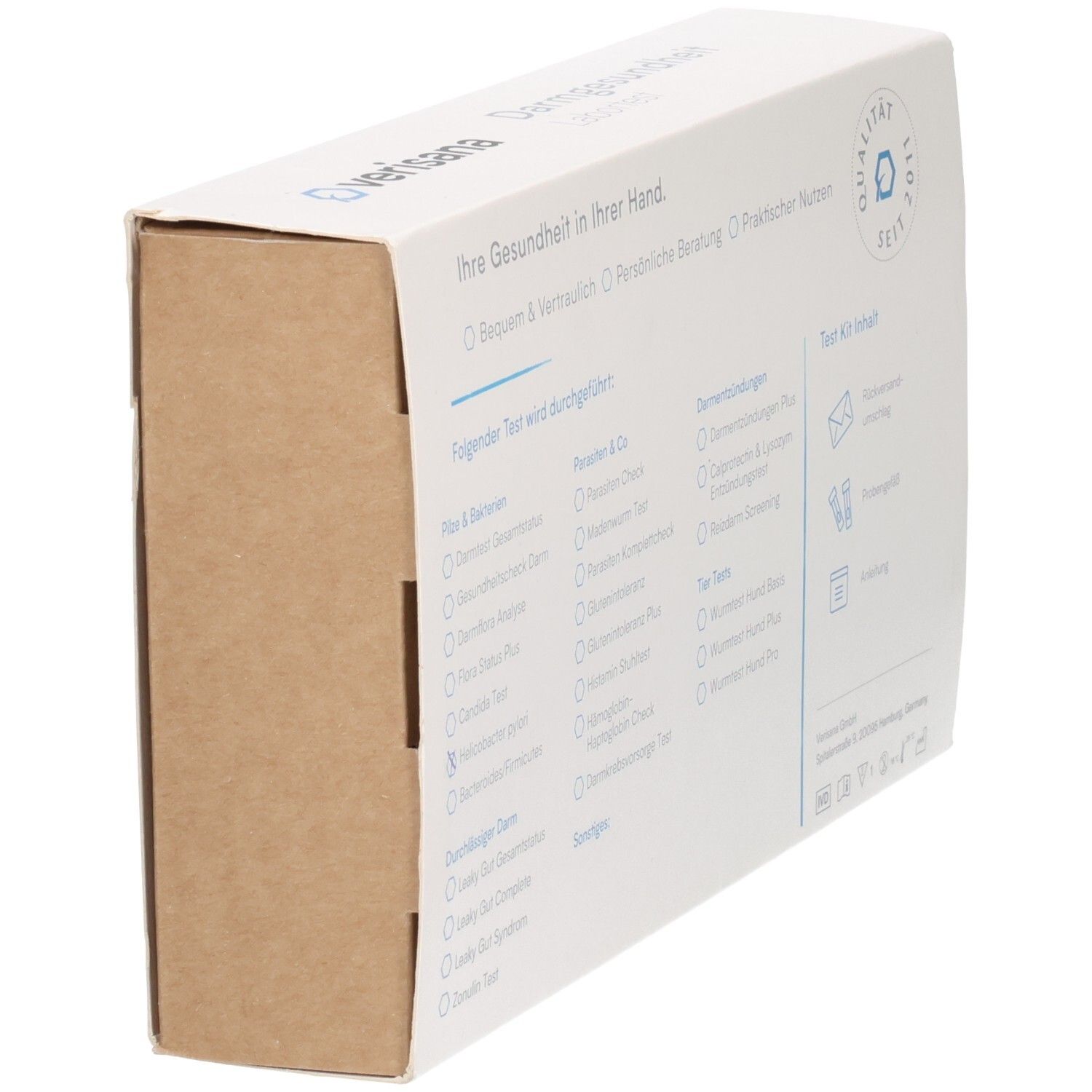Verisana Darmgesundheit Labortest Kartonverpackung, schräge Seitenansicht mit braunen Rändern.