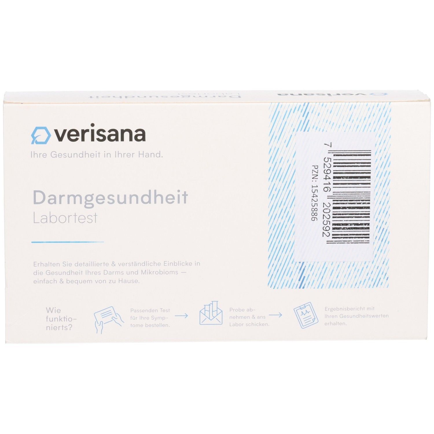Verisana Darmgesundheit Labortest Verpackung mit Logo, Titel und Anleitungsdiagrammen.