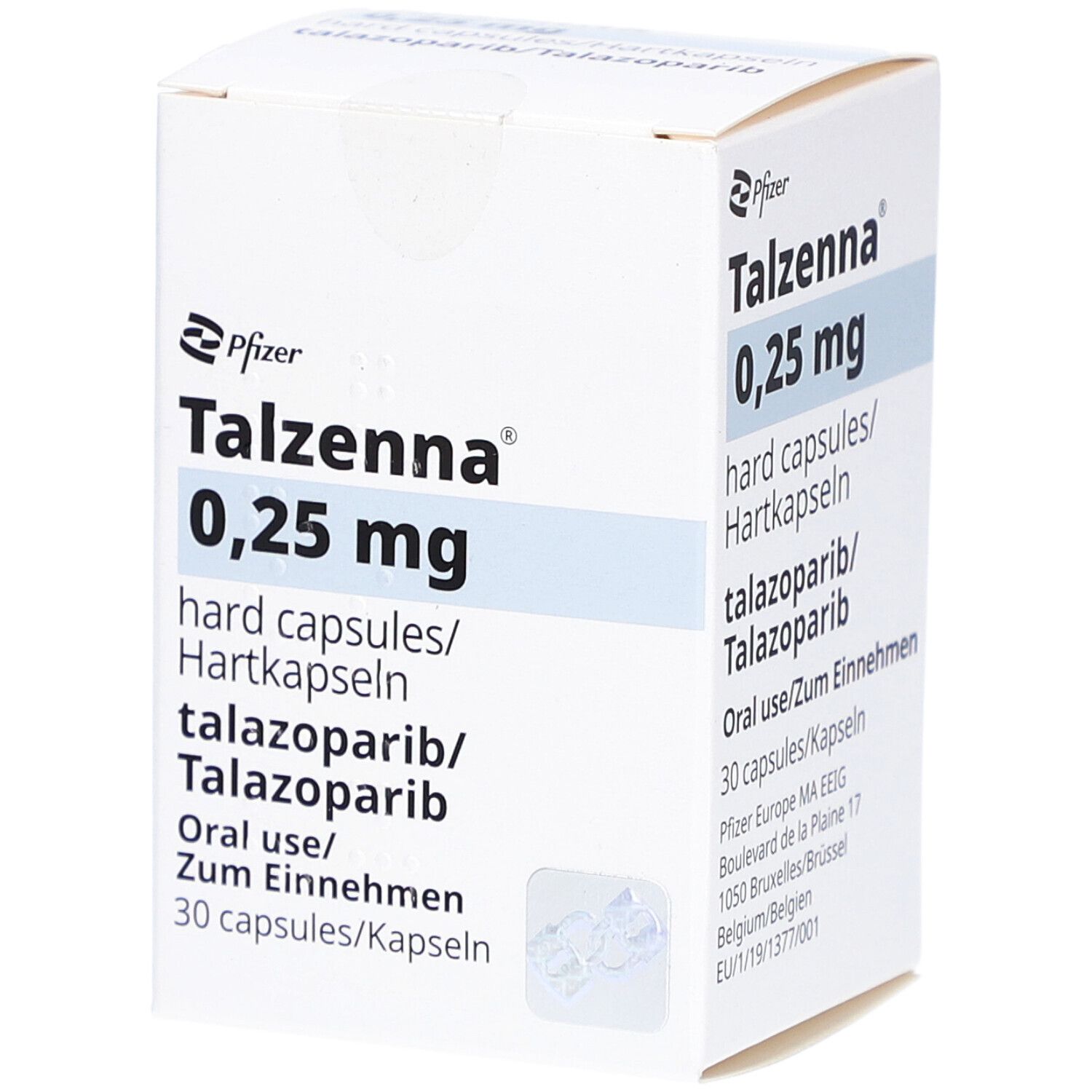 Weiße Faltschachtel mit Aufschrift TALZENNA 0,25 mg Hartkapseln. Enthält 30 Kapseln. Hersteller: Pfizer.