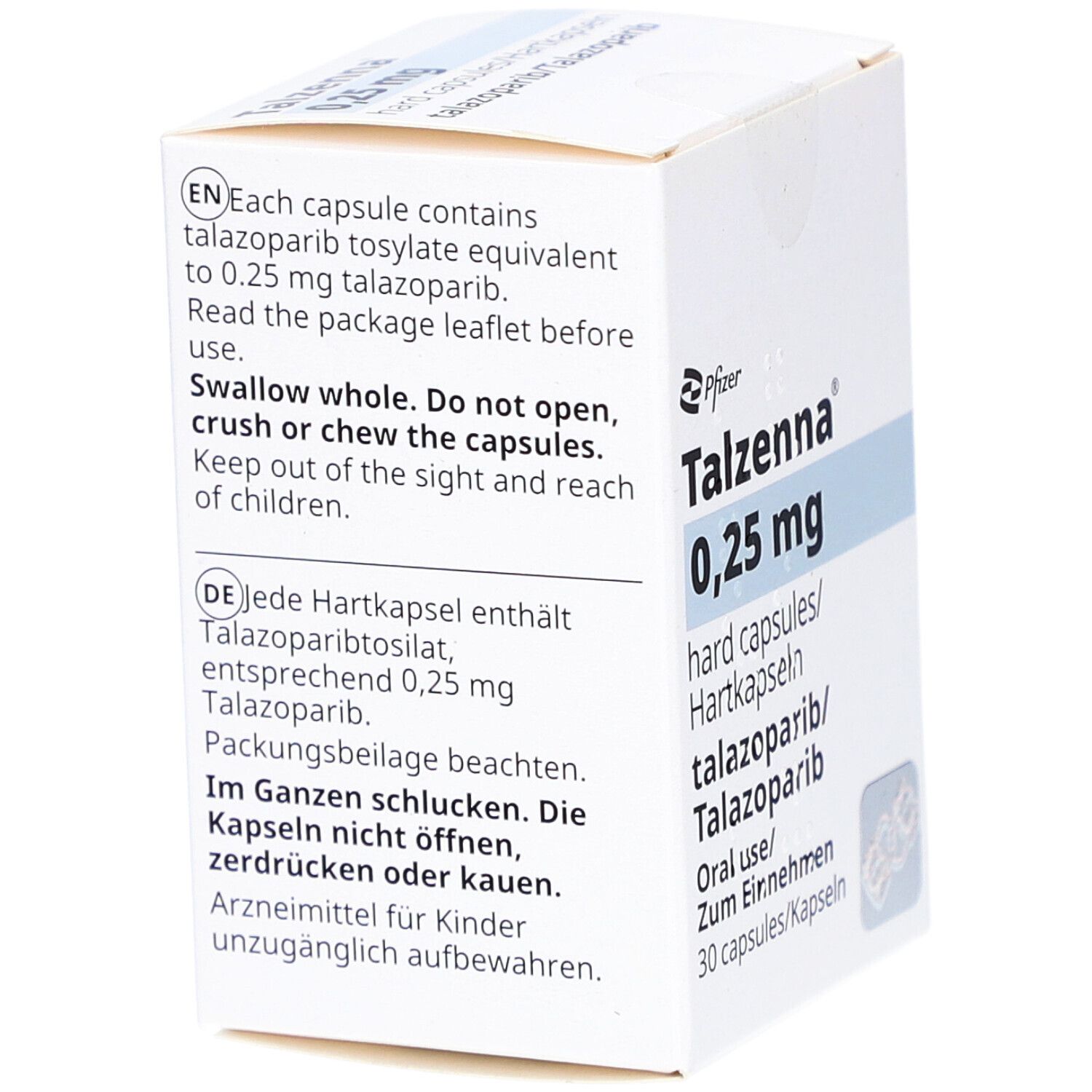 Weiße Faltschachtel mit Texten in Deutsch und Englisch. Enthält Informationen zu Inhaltsstoffen und Anwendung. Hersteller: Pfizer.