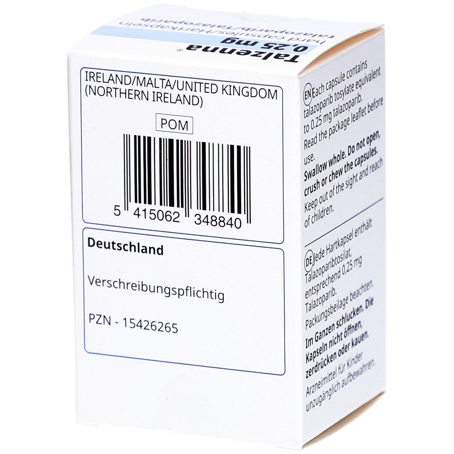 Weiße Faltschachtel mit Barcode und Texten. Enthält Informationen zur Verschreibungspflicht und Herstelleradresse. PZN-15426265.