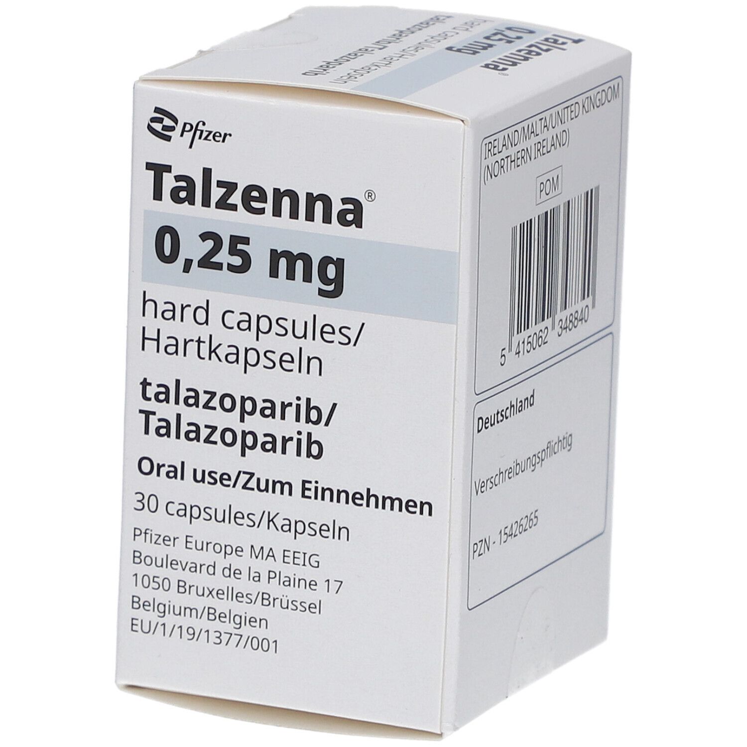 Weiße Faltschachtel mit Aufschrift TALZENNA 0,25 mg Hartkapseln. Enthält 30 Kapseln. Hersteller: Pfizer.
