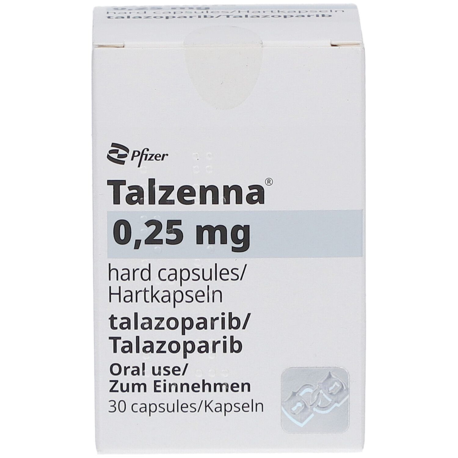 Weiße Faltschachtel mit Aufschrift TALZENNA 0,25 mg Hartkapseln. Enthält 30 Kapseln. Hersteller: Pfizer.