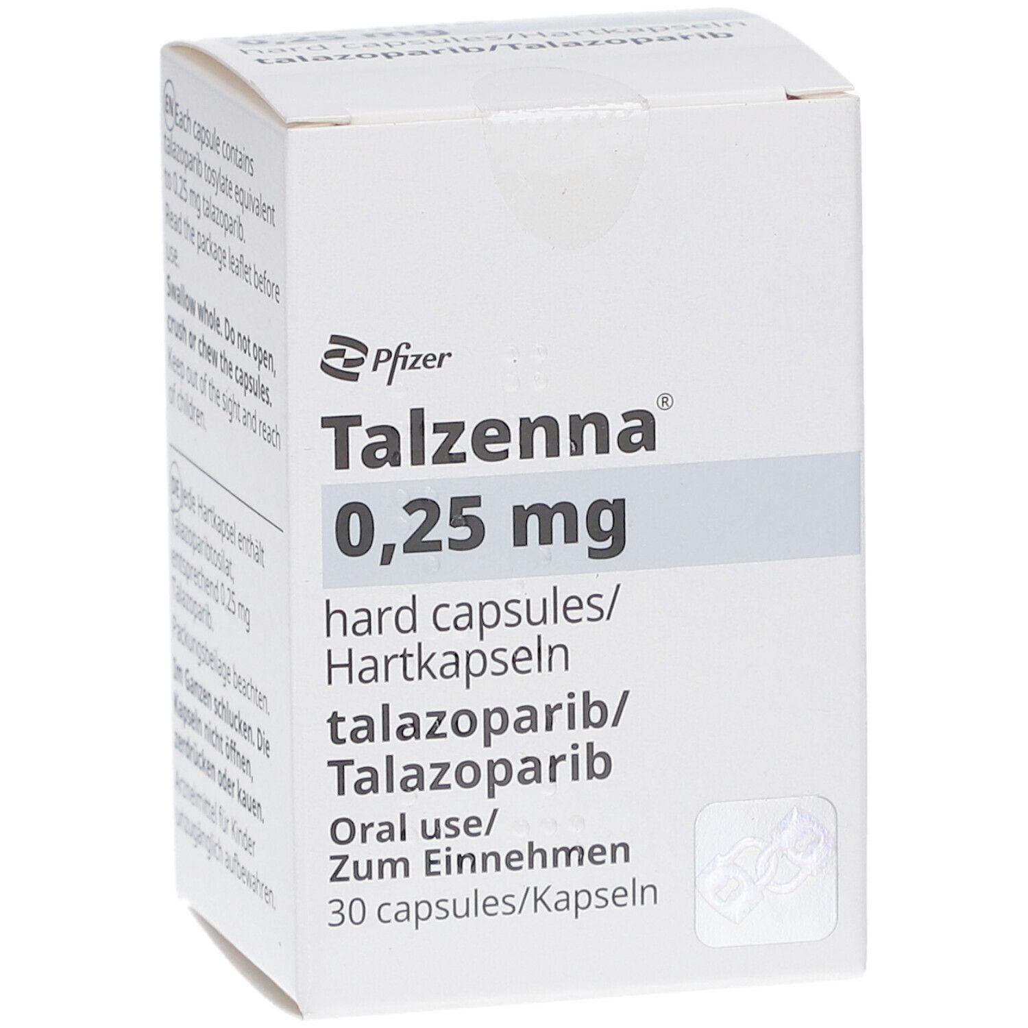 Weiße Faltschachtel mit Aufschrift TALZENNA 0,25 mg Hartkapseln. Enthält 30 Kapseln. Hersteller: Pfizer.