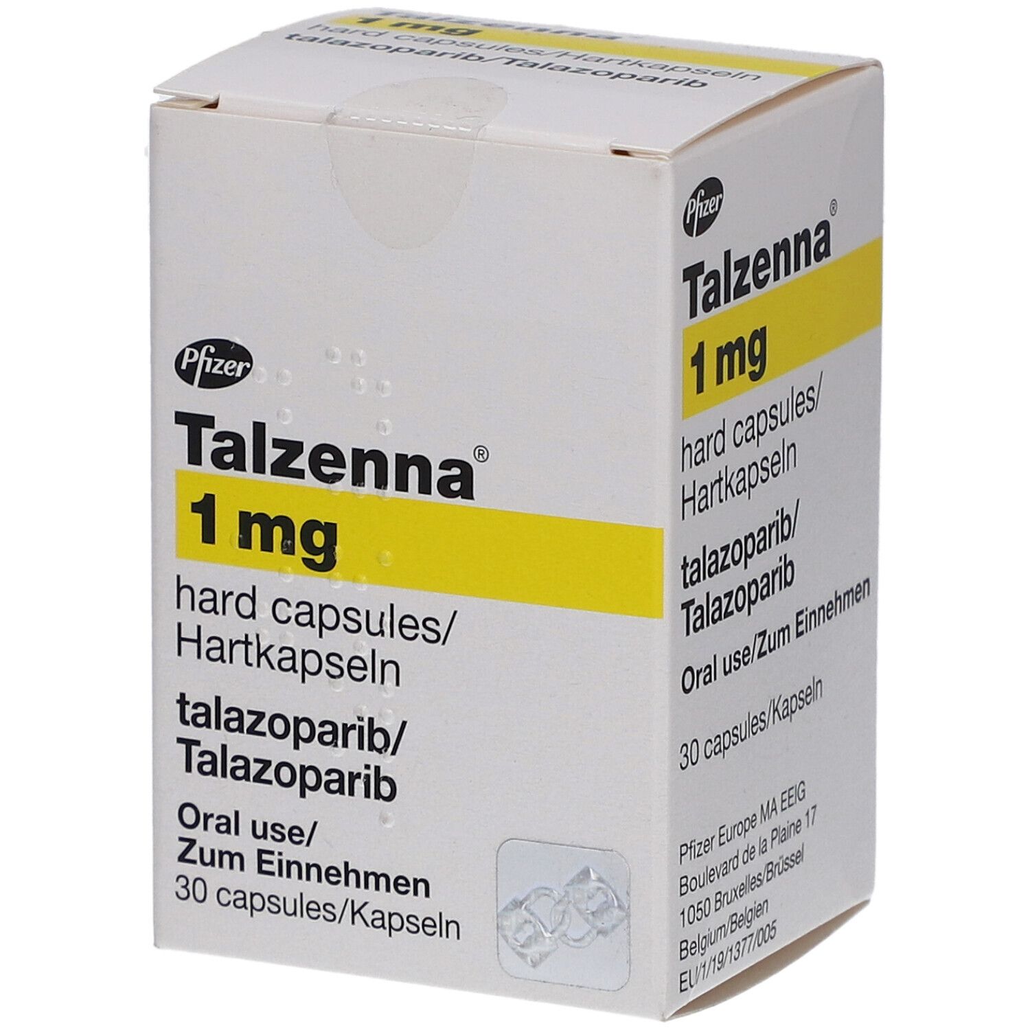 Weiße Faltschachtel mit gelbem Streifen. Aufdruck: Talzenna 1 mg Hartkapseln, Pfizer Logo, 30 Kapseln. Text in Deutsch und Englisch.