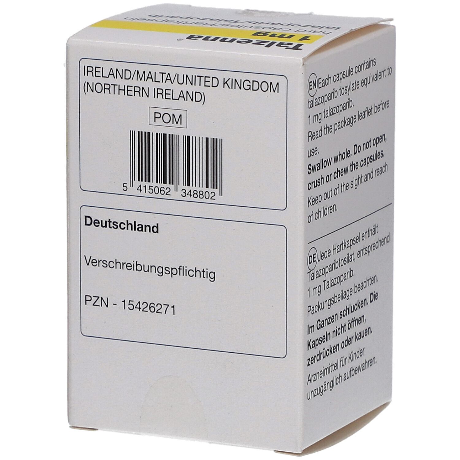 Faltschachtel-Rückseite mit Barcode und PZN-Nummer. Angaben zu Deutschland und Irland/Malta/UK. Text in Deutsch und Englisch.
