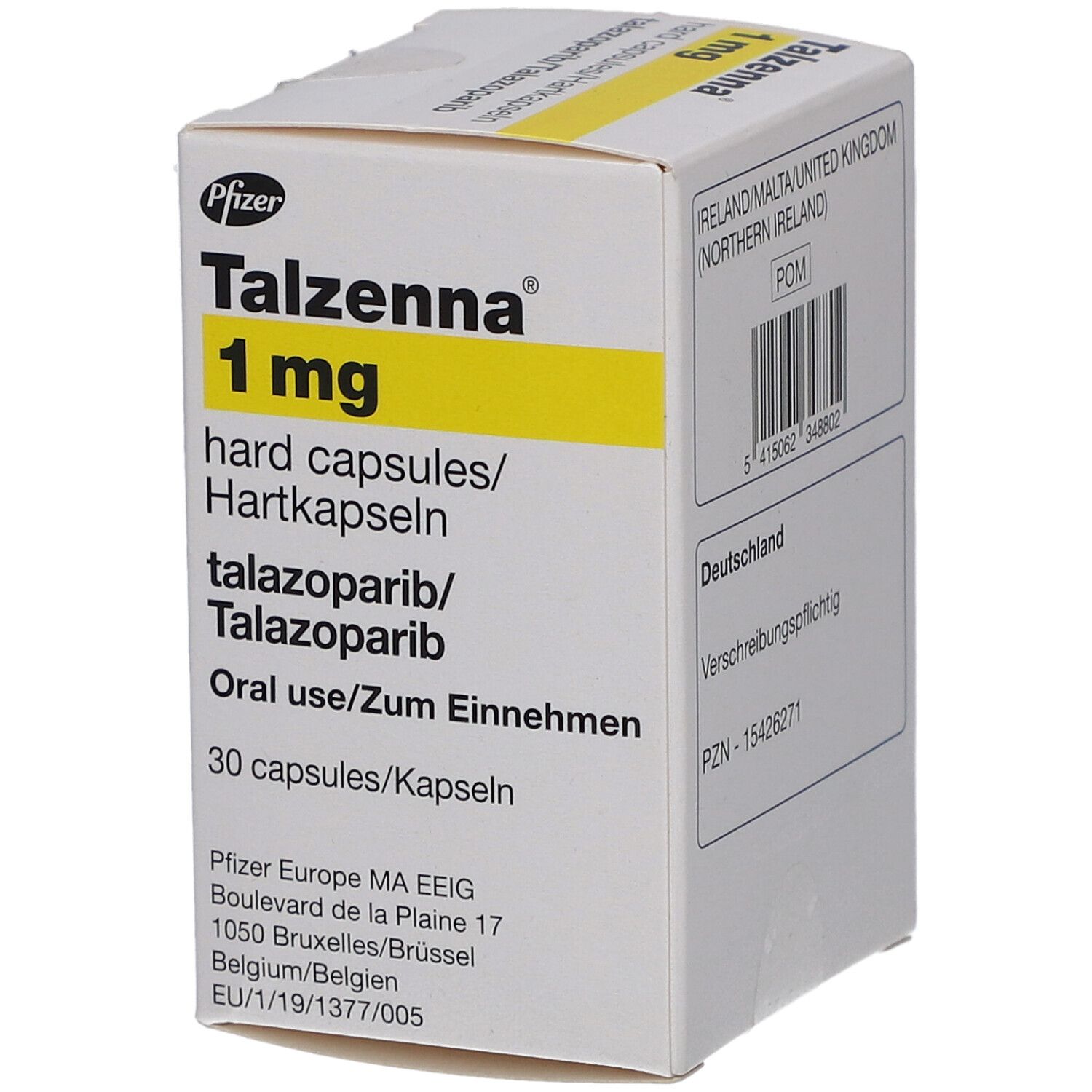 Faltschachtel mit gelbem Streifen. Aufdruck: Talzenna 1 mg Hartkapseln, Pfizer Logo, 30 Kapseln. Text in Deutsch und Englisch.