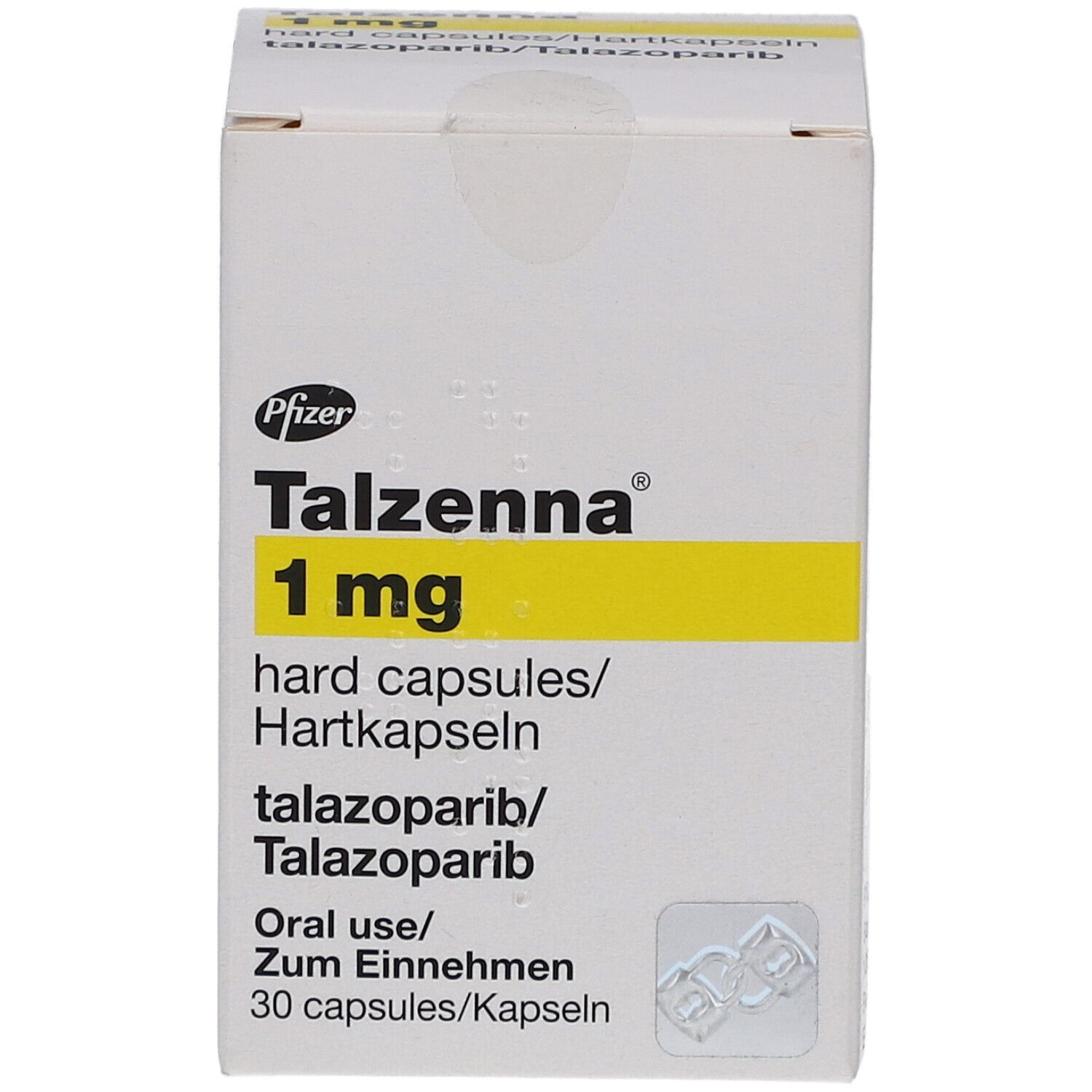 Weiße Faltschachtel mit gelbem Streifen. Aufdruck: Talzenna 1 mg Hartkapseln, Pfizer Logo, 30 Kapseln. Text in Deutsch und Englisch.