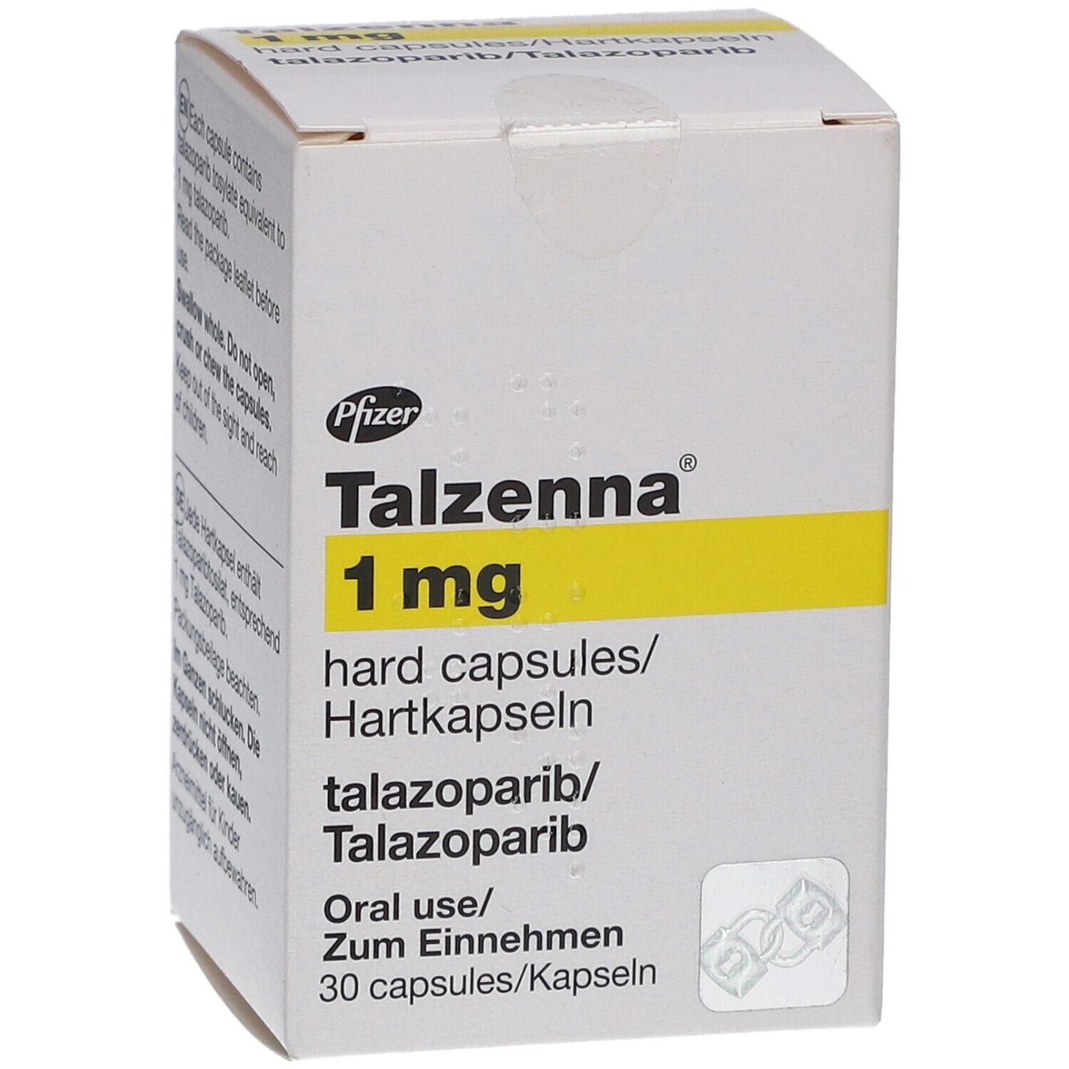 Weiße Faltschachtel mit gelbem Streifen. Aufdruck: Talzenna 1 mg Hartkapseln, Pfizer Logo, 30 Kapseln. Text in Deutsch und Englisch.