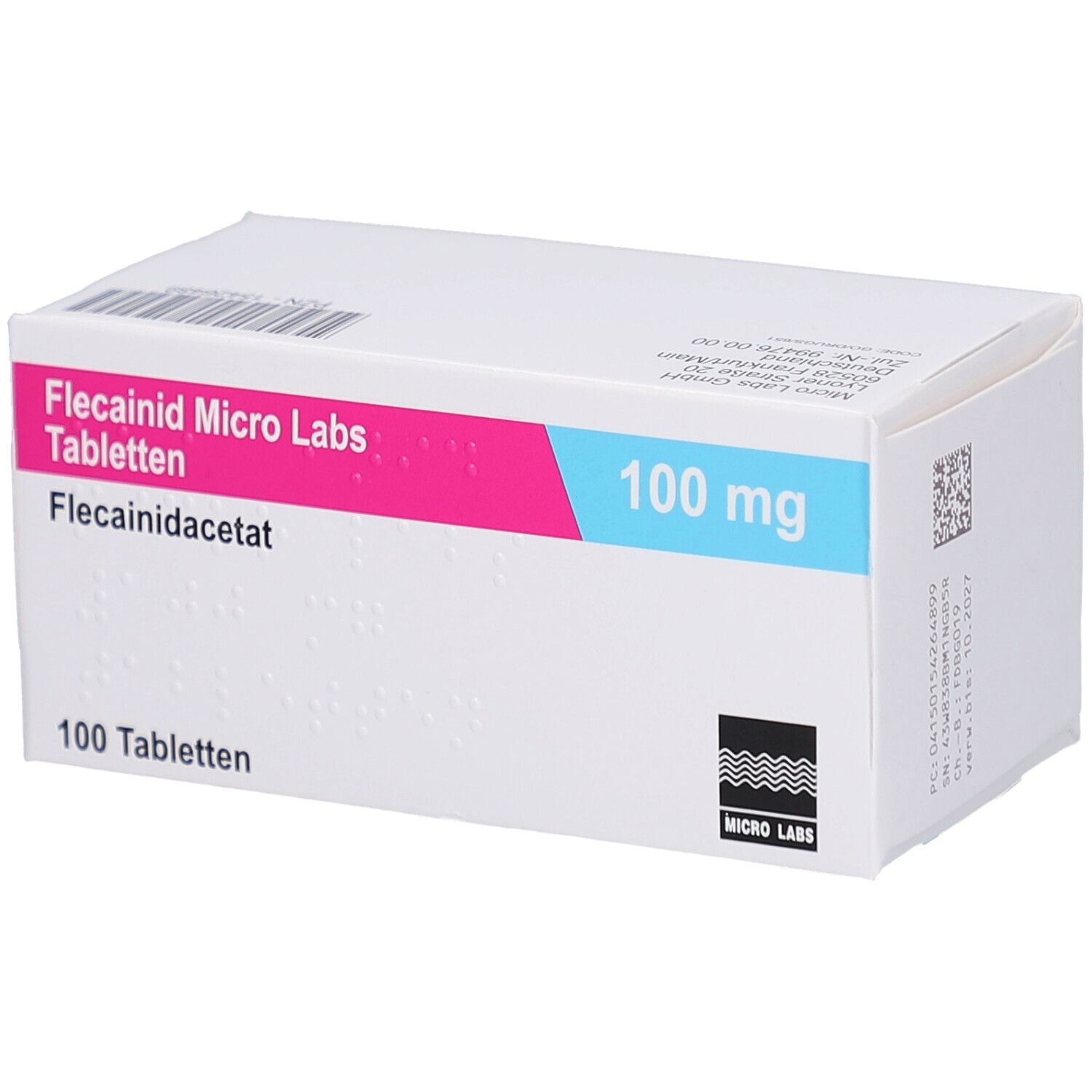 Weiße Schachtel mit rosa und blauem Streifen. Aufschrift: Flecainid Micro Labs Tabletten, 100 mg, 100 Tabletten.