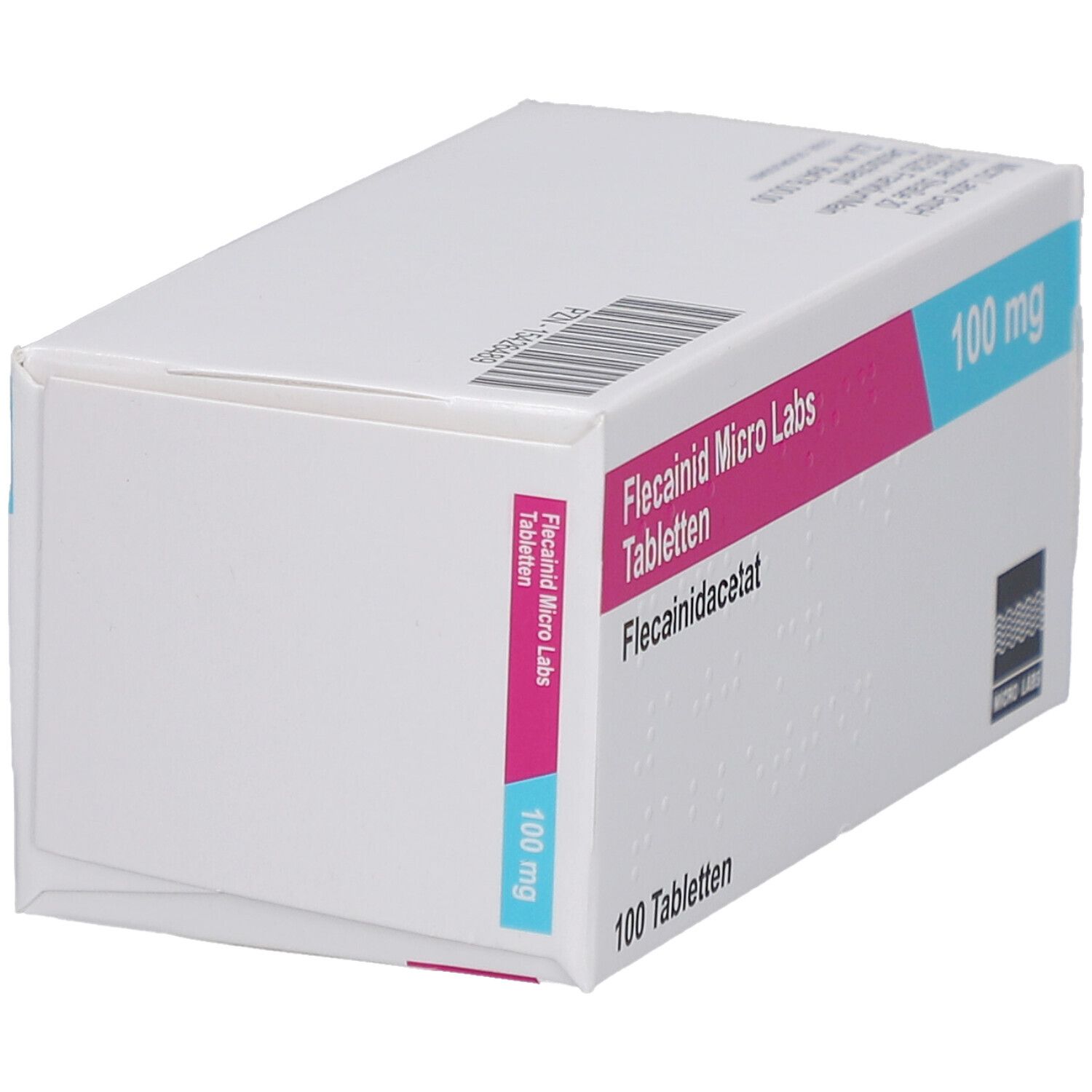Weiße Schachtel mit rosa und blauem Streifen. Aufschrift: Flecainid Micro Labs Tabletten, 100 mg, 100 Tabletten.