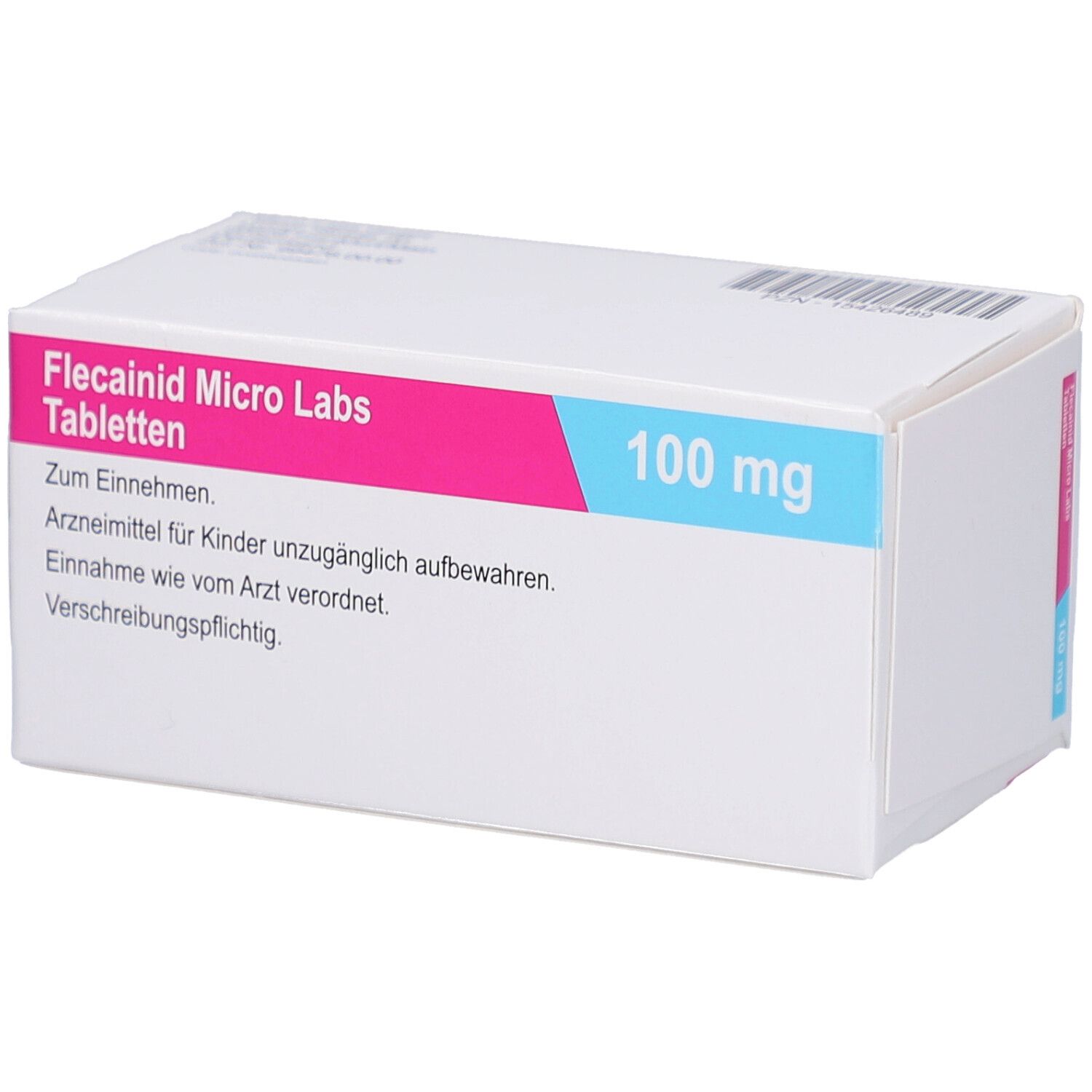 Weiße Schachtel mit rosa und blauem Streifen. Aufschrift: Flecainid Micro Labs Tabletten, 100 mg, 100 Tabletten.