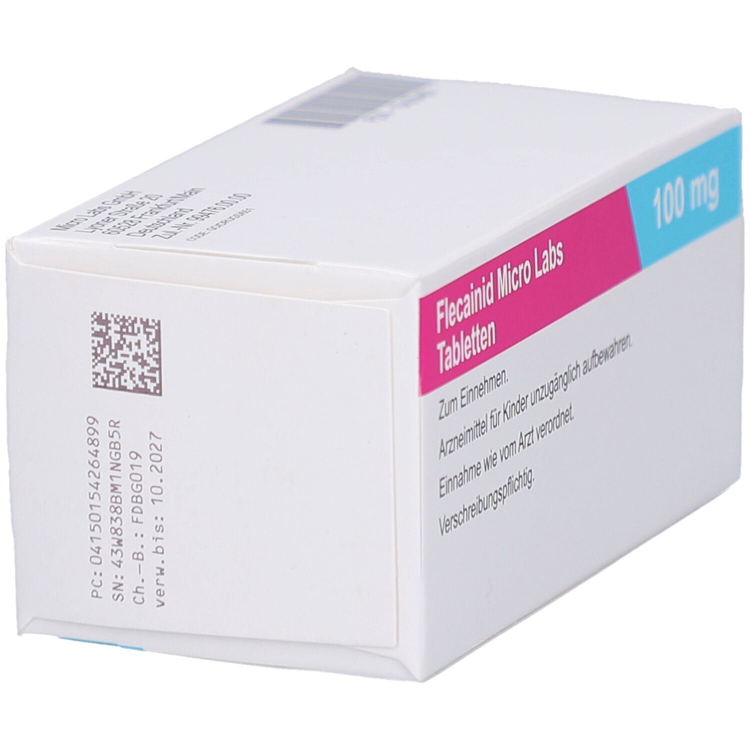 Weiße Schachtel mit rosa und blauem Streifen. Aufschrift: Flecainid Micro Labs Tabletten, 100 mg, 100 Tabletten.