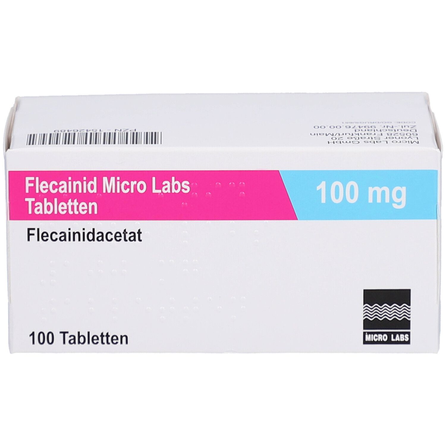 Weiße Schachtel mit rosa und blauem Streifen. Aufschrift: Flecainid Micro Labs Tabletten, 100 mg, 100 Tabletten.
