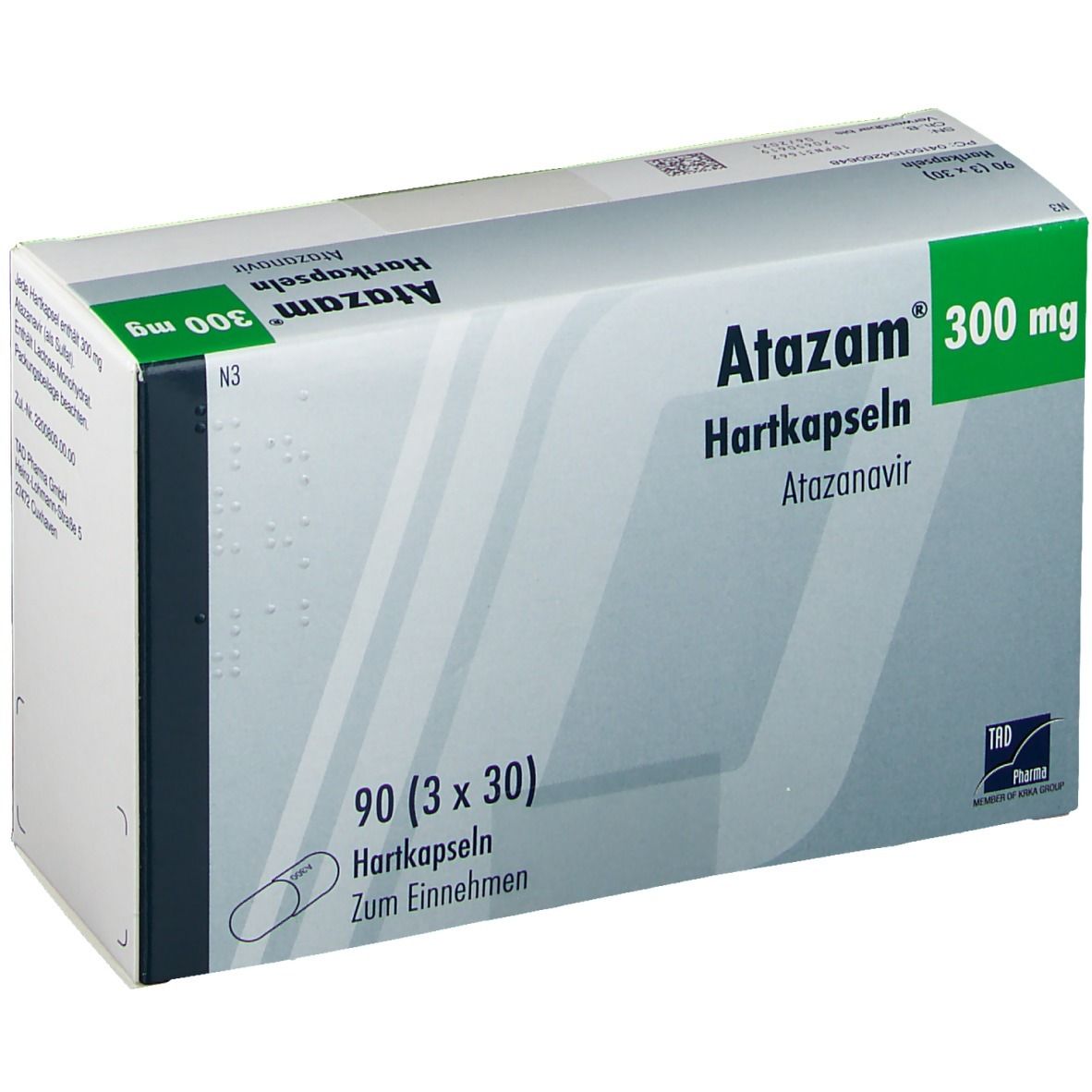 Schachtel mit Atazam® 300 mg Hartkapseln. Grün-weiße Verpackung mit Produktnamen, Dosierung und Packungsinhalt: 90 Kapseln.